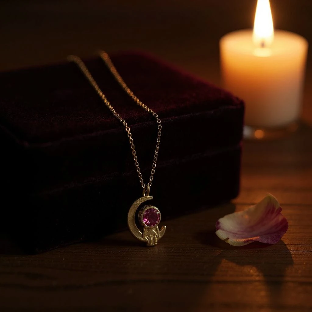 Ay ve Gezegen Figürlü Altın Renk Kolye – Pembe Taş Detaylı Uzay Temalı Tasarım