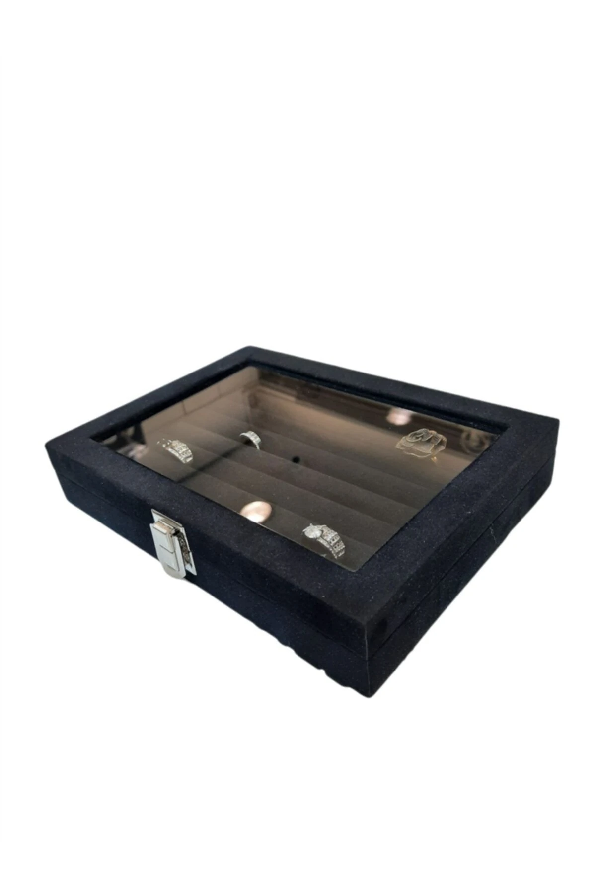 Yüzük Kutusu Sosis Model Camlı Alcantara Siyah 17*24
