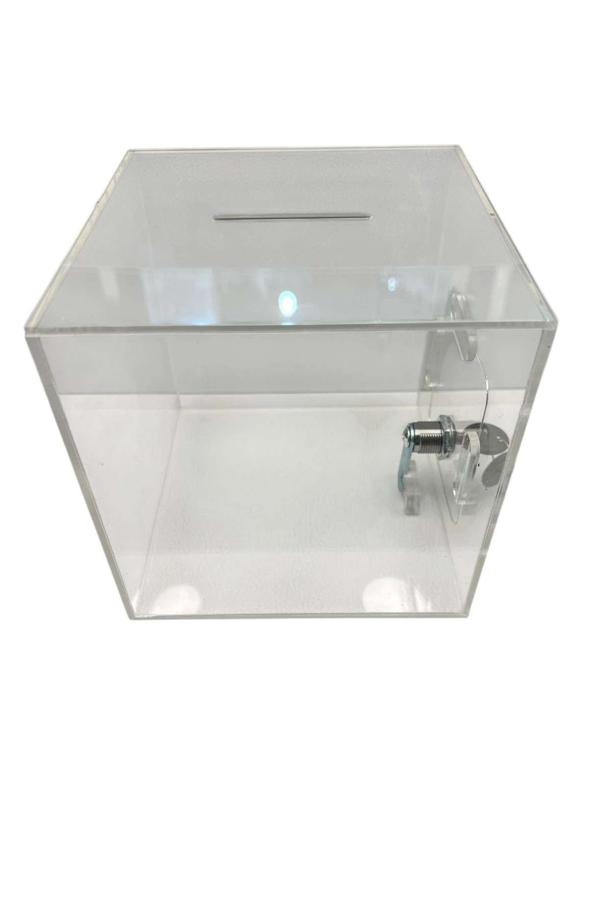 Pleksi Bağış Kutusu - Metal Kilitli Şeffaf Sadaka Kutusu | 16.5x16.5 cm Tip Box