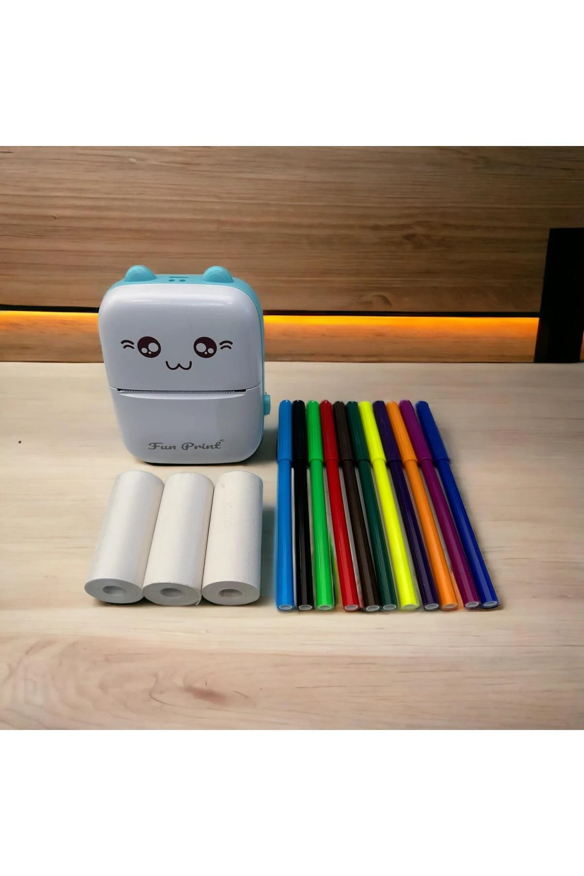 Taşınabilir Yazıcı Mini Mavi, Yedek 3 Adet Beyaz Yapışkanlı Rulo Etiket Ve 6 Lı Renkli Kalem Seti