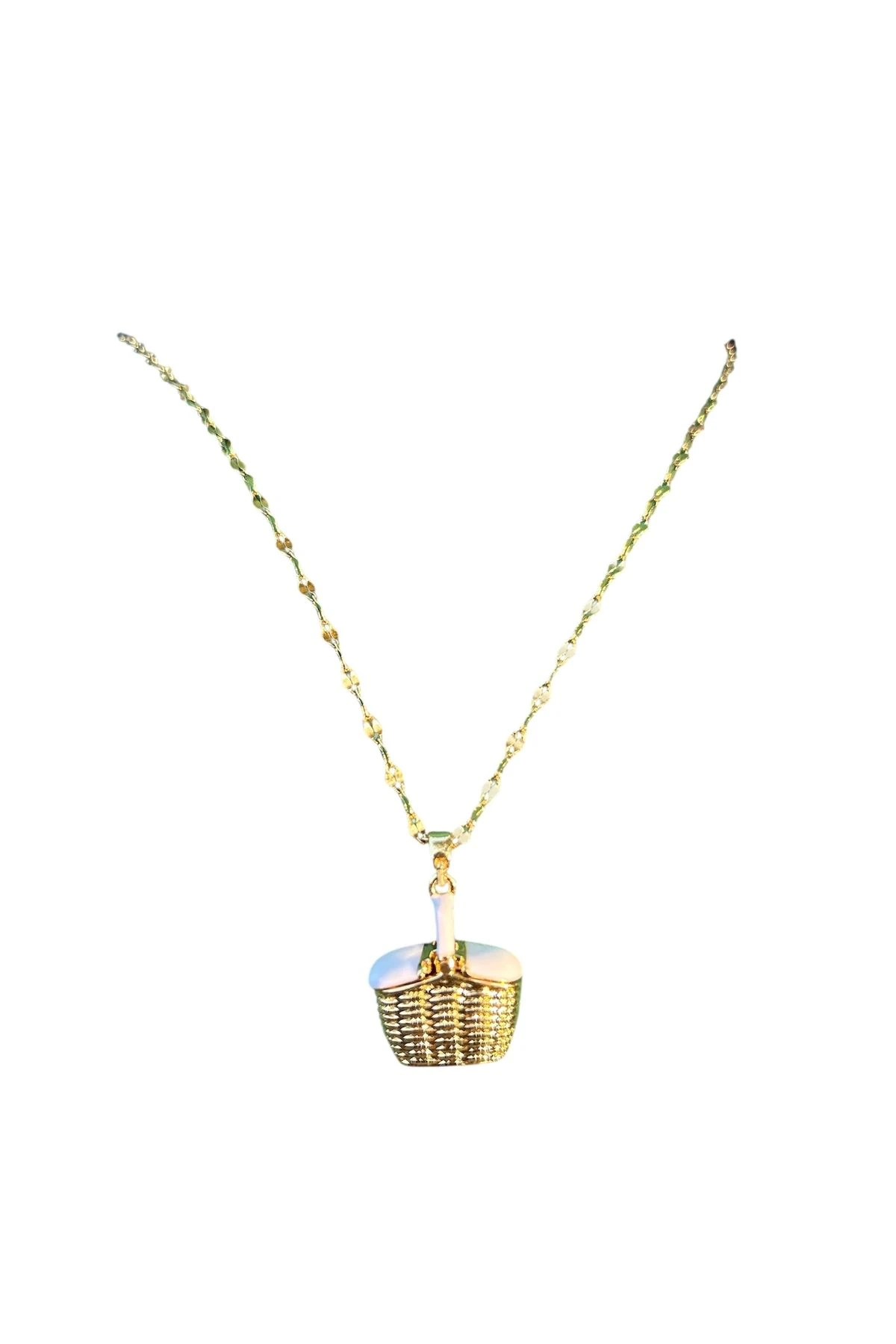 Taşlı Sepet Figürlü Gold Renk Kolye – Kararmaz Çelik, Özel Tasarım