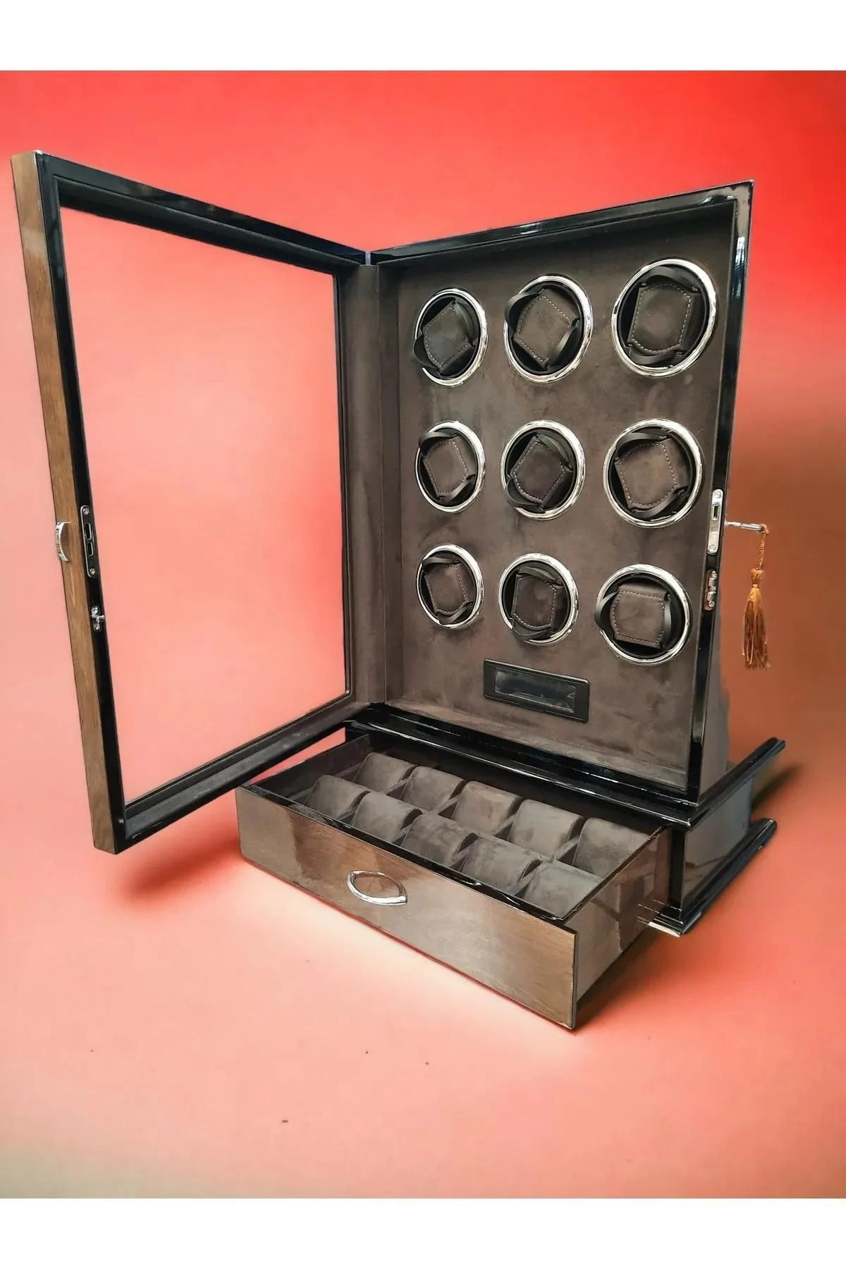 Otomatik Saat Kurma Kutusu, 10, piano black, gray