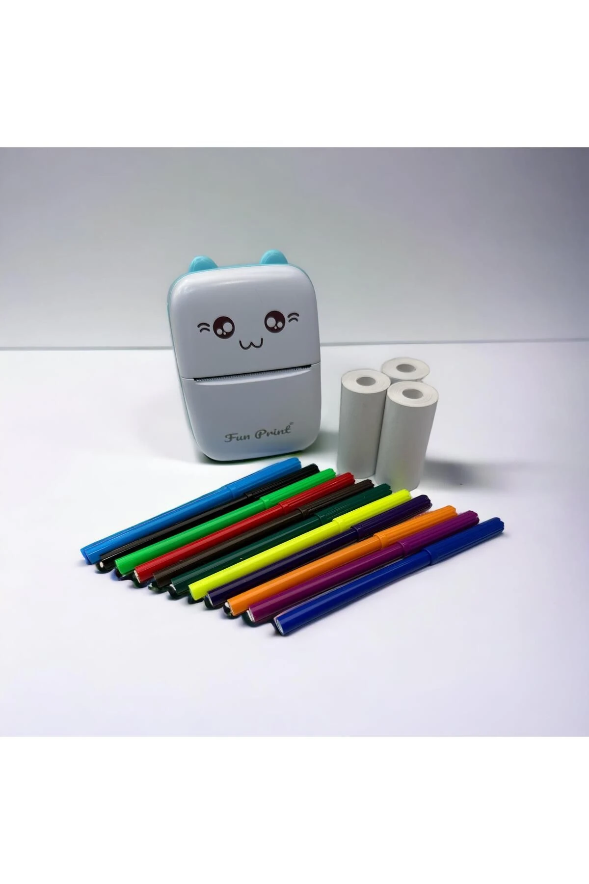 Taşınabilir Yazıcı Mini Mavi, Yedek 3 Adet Beyaz Yapışkanlı Rulo Etiket Ve 6 Lı Renkli Kalem Seti