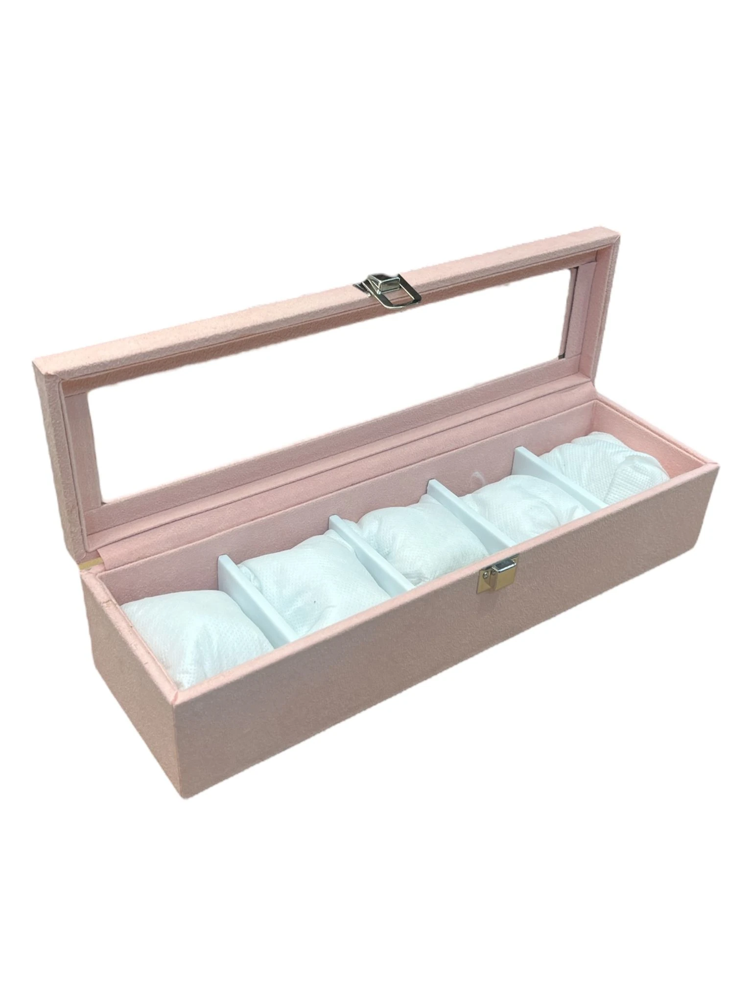 Cam Kapaklı 5 Bölmeli Saat Kutusu – El Yapımı, Suni Deri, Alcantara Pembe