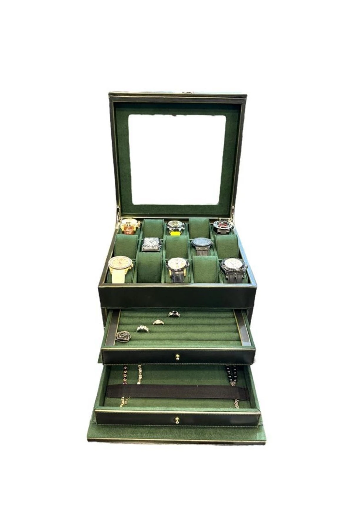 Diplomat Model Çekmeceli Camlı 15'li Saat Ve Yüzük Tesbih Kutusu Yeşil