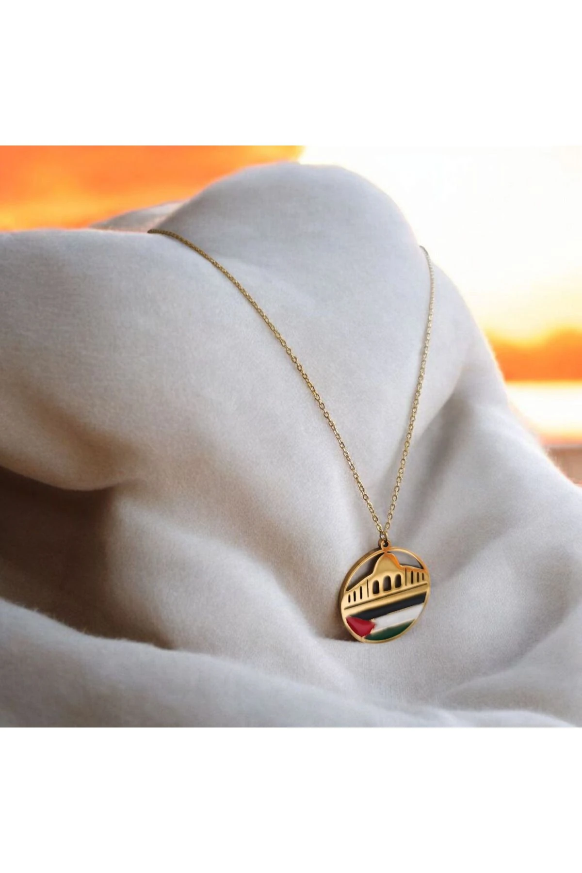 Filistin Kudüs Mescid-i Aksa Temalı Özel Tasarım Kolye Zinciri ile Birlikte