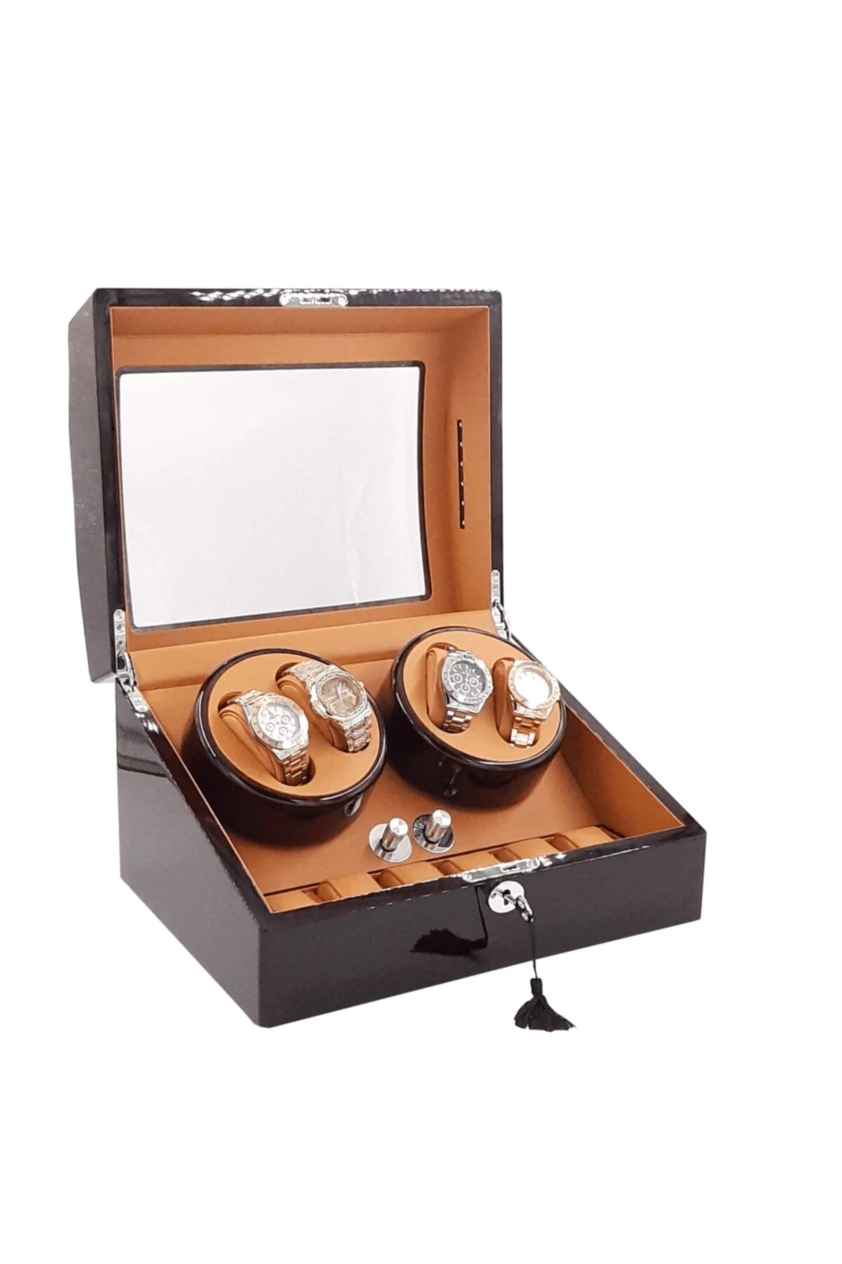 Otomatik Saat Kurma Kutusu, 4+6, piano brown, kahve, taba, LED Aydınlatmalı