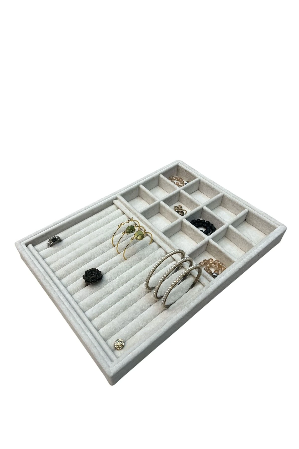 Takı Tablası Kombin Model, Çok amaçlı Takı Düzenleyici. Ahşap Üzeri Süet Kaplama Krem Rengi.