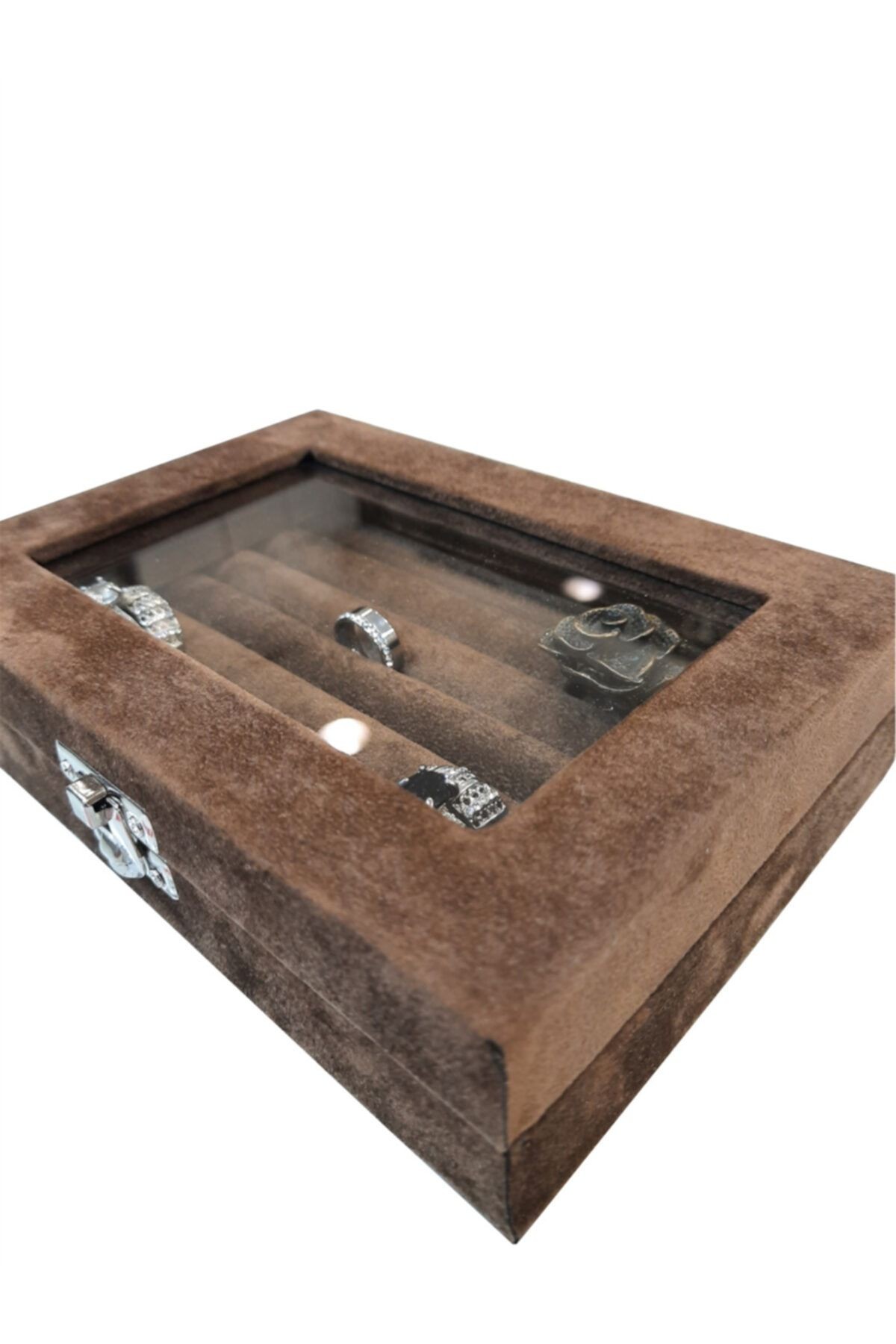 Yüzük Kutusu Sosis Model Camlı Alcantara Kahve 10*15