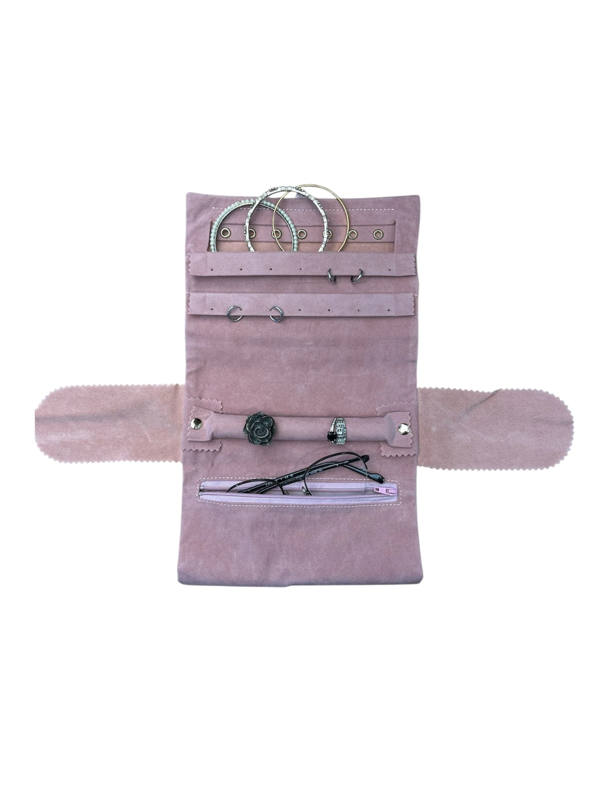 Kadife Takı ve Mücevher Seyahat Rulo Düzenleyicisi – Pembe 35x20 cm