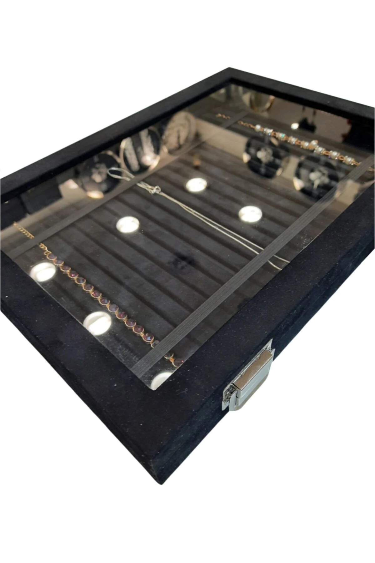 Tesbih Kutusu Lastikli Camlı Siyah Alcantara