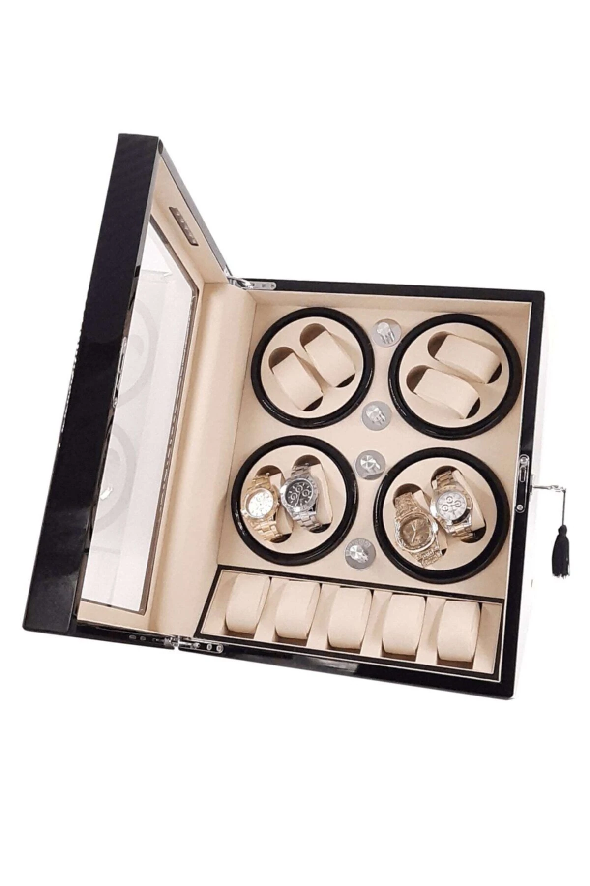 Otomatik Saat Kurma Kutusu, 8+5 Piano Black, içi Krem Led Aydınlatmalı