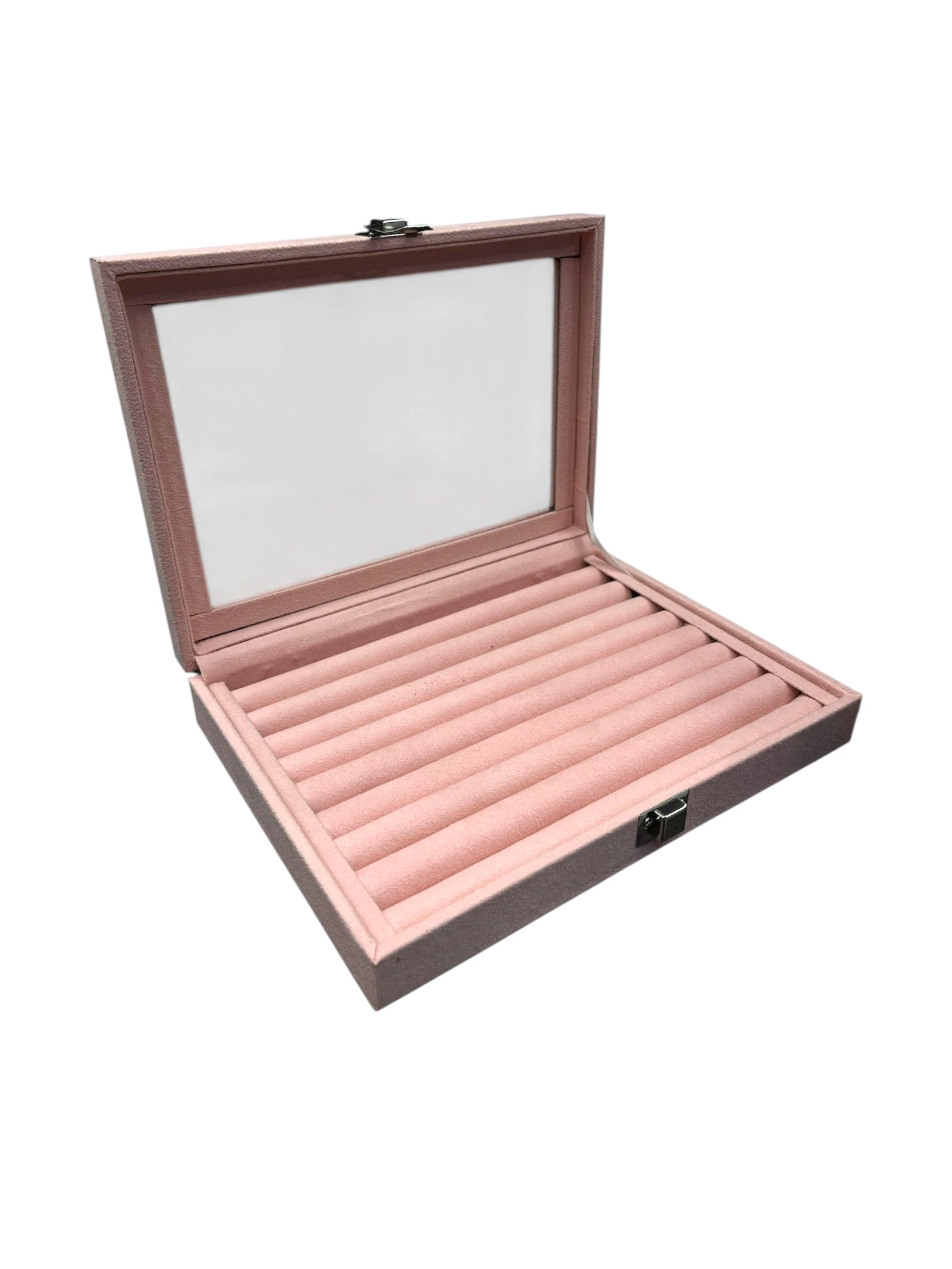 Cam Kapaklı Çok Bölmeli Sosis Model Takı Kutusu -Toz Pembe