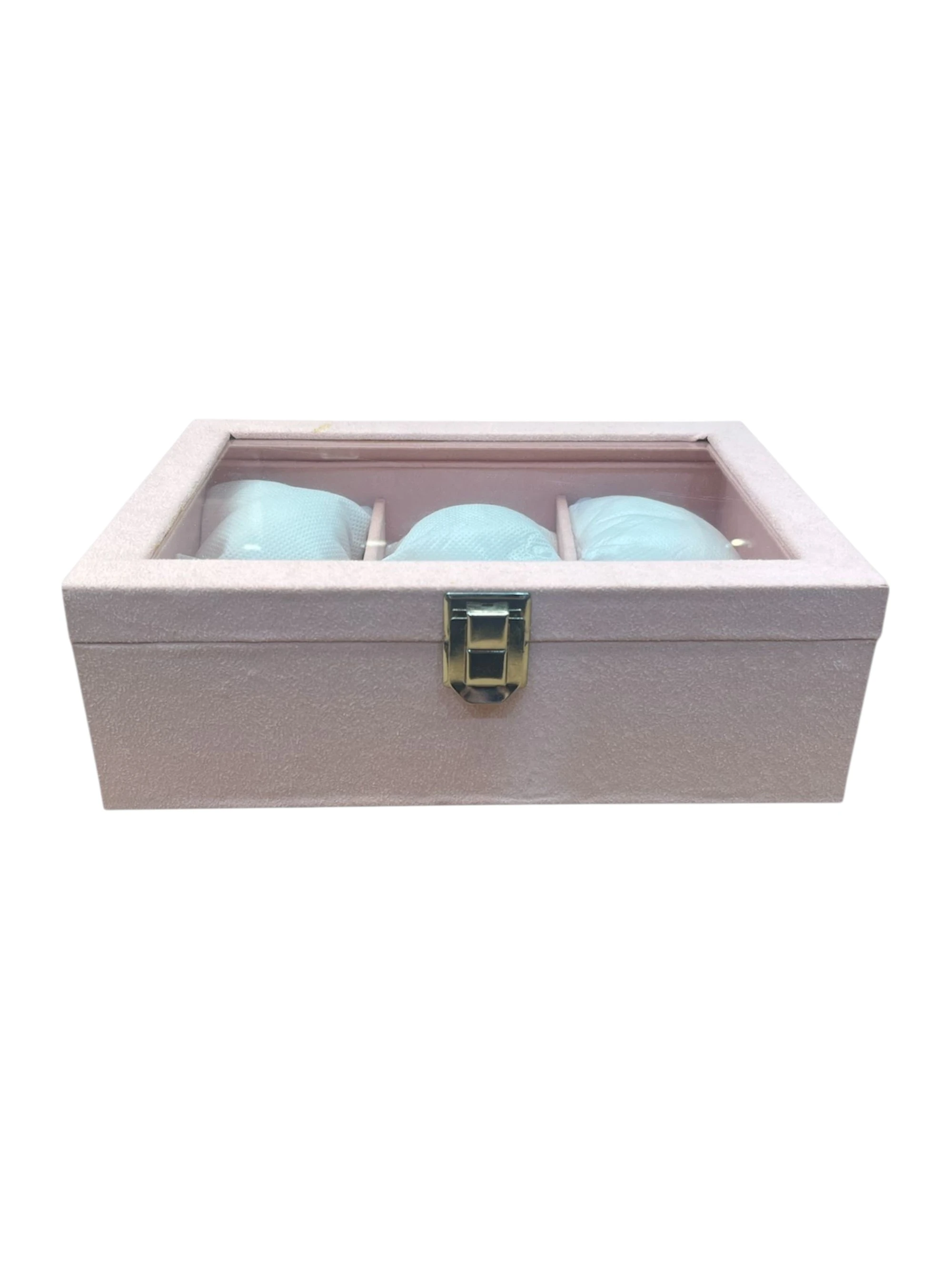 Cam Kapaklı 6 Bölmeli Saat Kutusu – Suni Deri, 24x18x8 cm, Alcantara Pembe