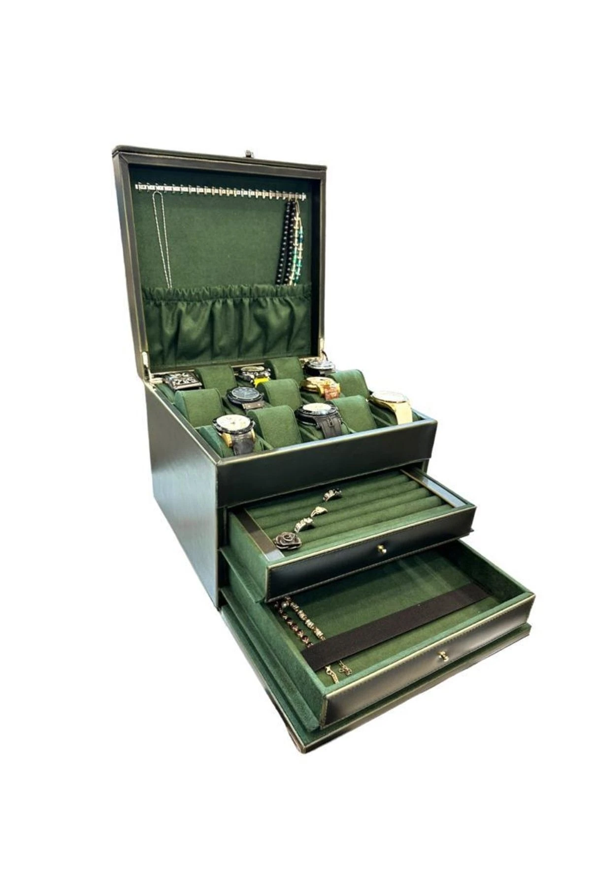Diplomat Model Çekmeceli Camsız 15'li Saat Ve Yüzük Tesbih Kutusu Yeşil