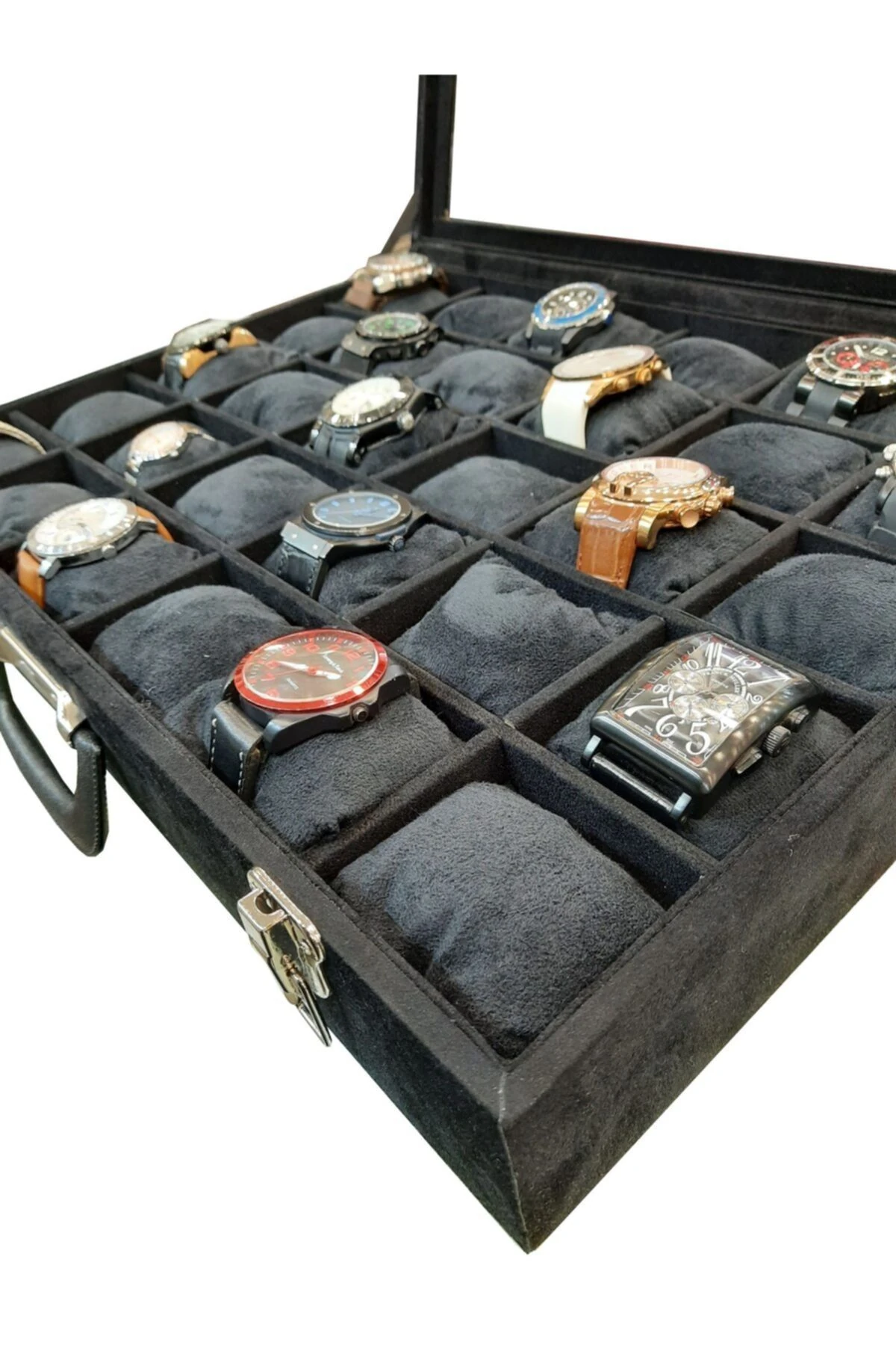 Saat Çantası 30'lu Camlı Siyah Alcantara