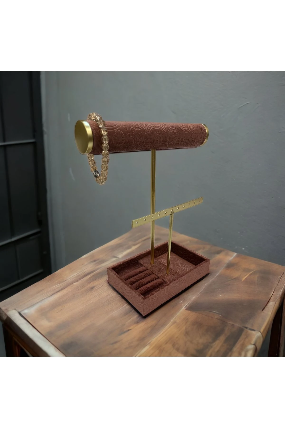 Takı Standı Tekli Silindir Küpelikli Tabaklı Koyu Pembe