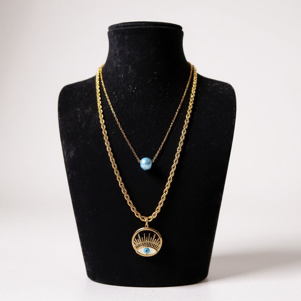 Çift Katlı Nazar Boncuklu Kolye – Altın Renk Zincir & Mavi Detaylı Tasarım