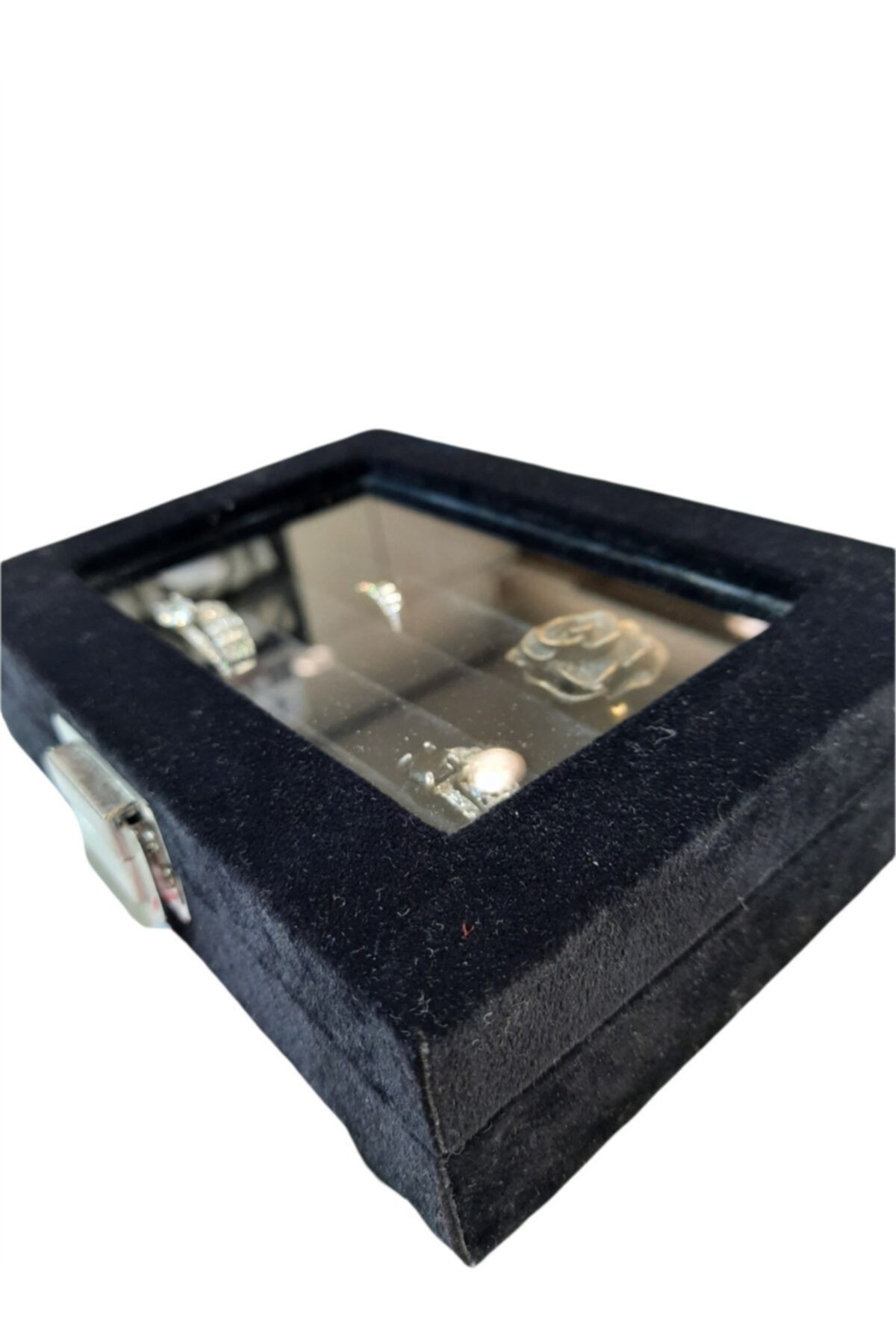 Yüzük Kutusu Sosis Model Camlı Alcantara Siyah 10*15