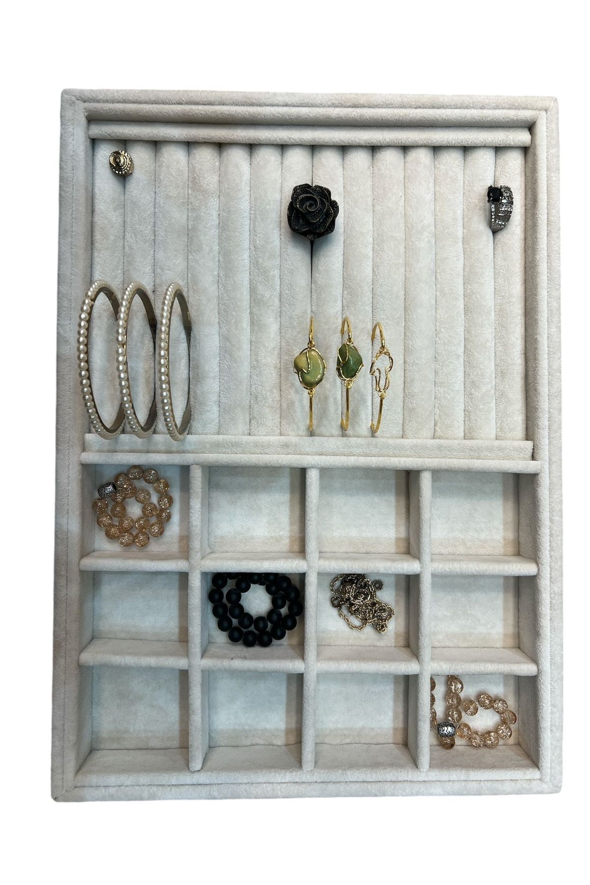 Takı Tablası Kombin Model, Çok amaçlı Takı Düzenleyici. Ahşap Üzeri Süet Kaplama Krem Rengi.