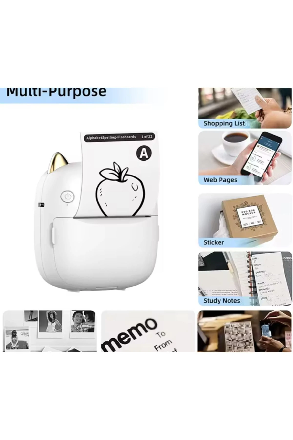 Mini Bluetooth Yazıcı,mini Yazıcı, Funprint 1 Adet Beyaz Rulo Kağıt, 3 Adet Renkli Kağıt Hediye.