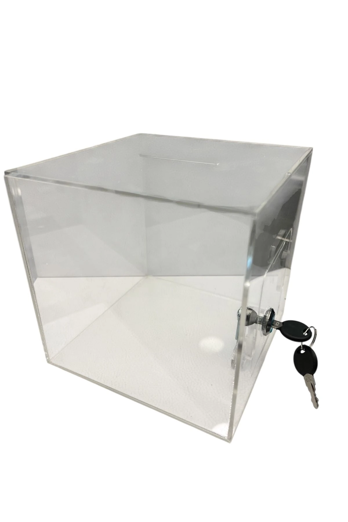 Pleksi Bağış Kutusu - Metal Kilitli Şeffaf Sadaka Kutusu | 16.5x16.5 cm Tip Box