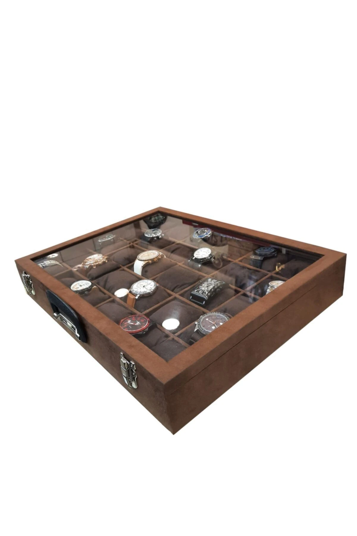 Saat Çantası 30'lu Camlı Kahve Alcantara