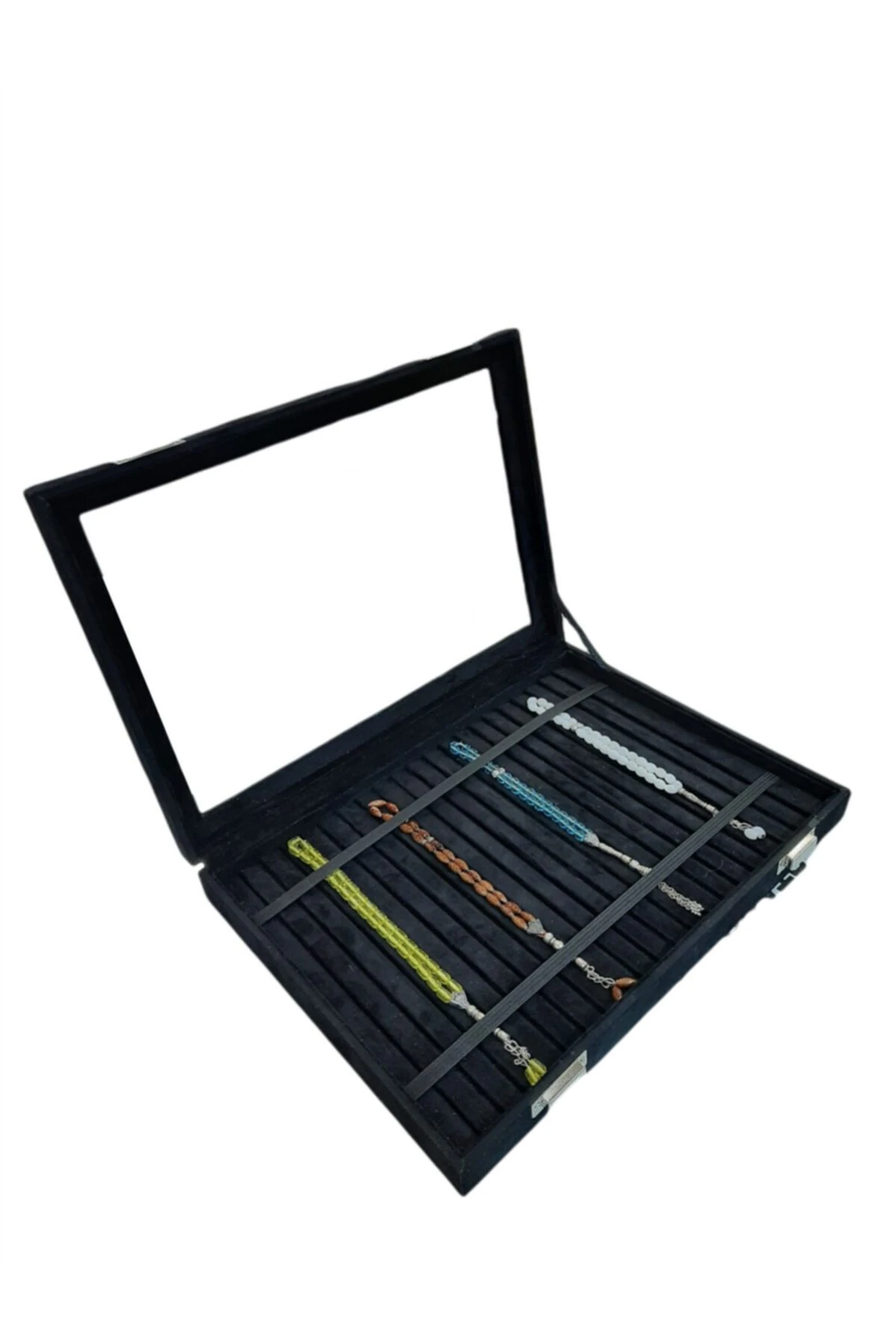 Tesbih Kutusu Lastikli Camlı Siyah Alcantara