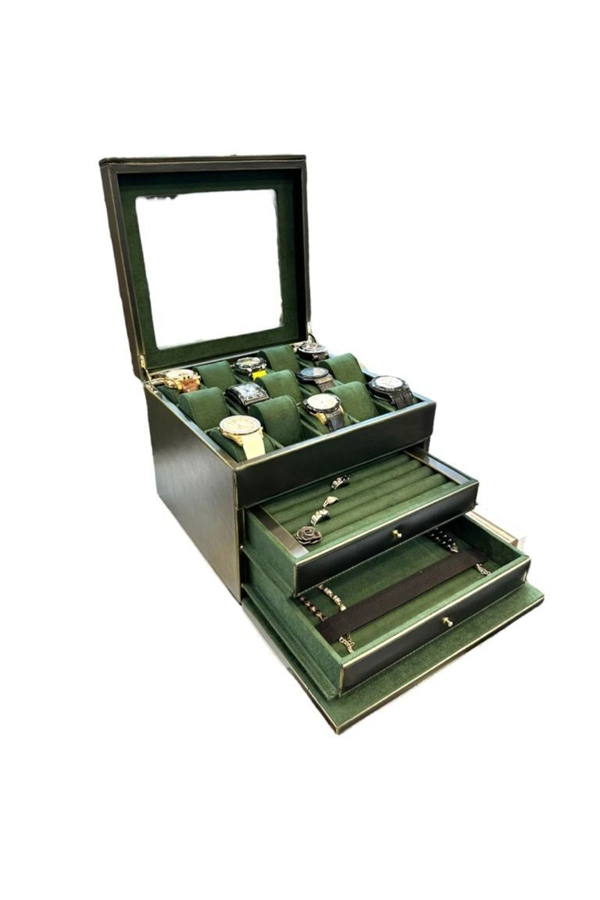 Diplomat Model Çekmeceli Camlı 15'li Saat Ve Yüzük Tesbih Kutusu Yeşil