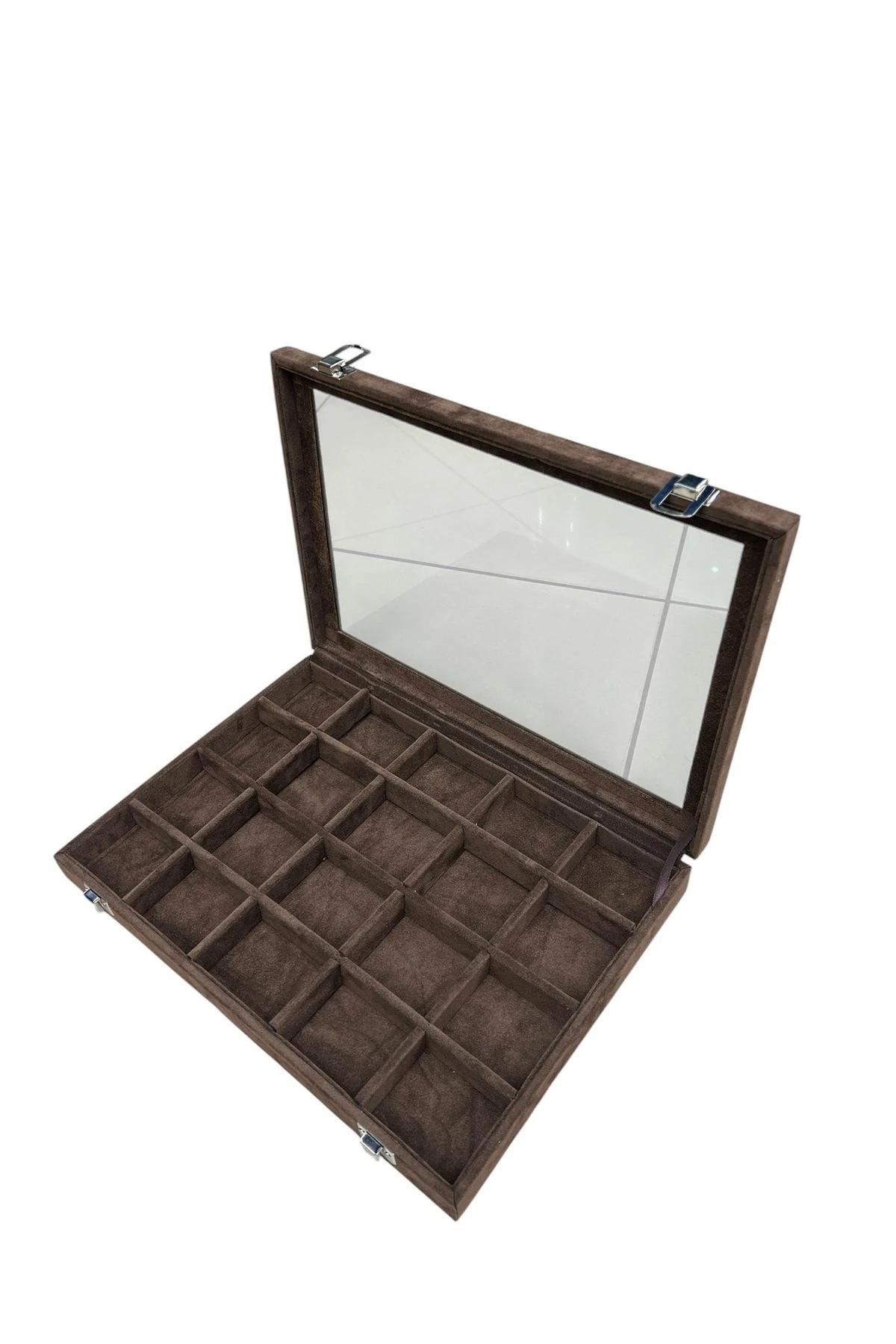 20 Bölmeli Takı Kutusu Alcantra Kahve