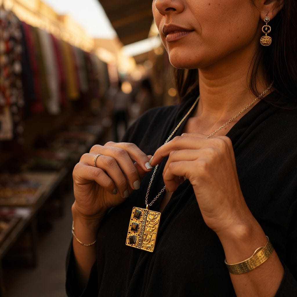 Altın Renk Dikdörtgen Desenli Kolye – Siyah Taşlı Modern Tasarım