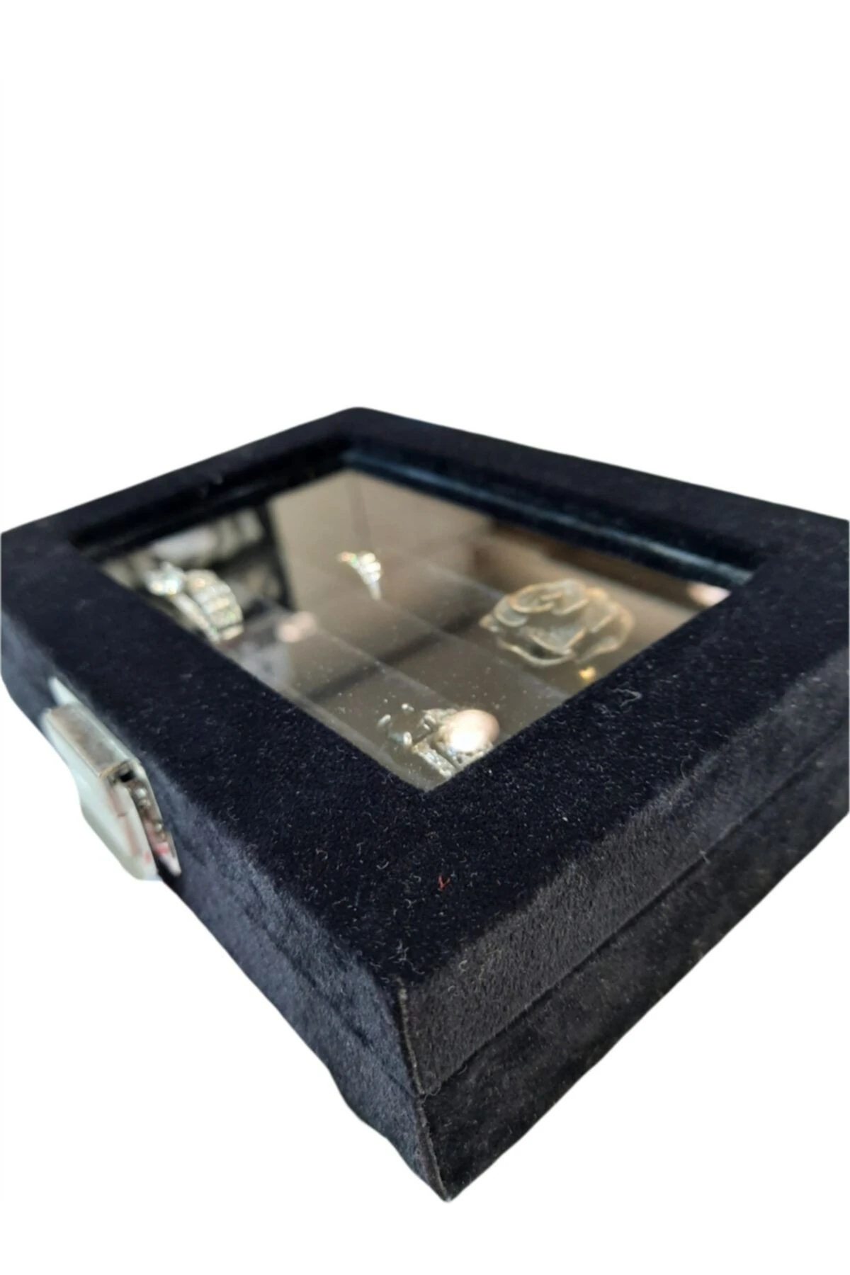 Yüzük Kutusu Sosis Model Camlı Alcantara Siyah 10*15
