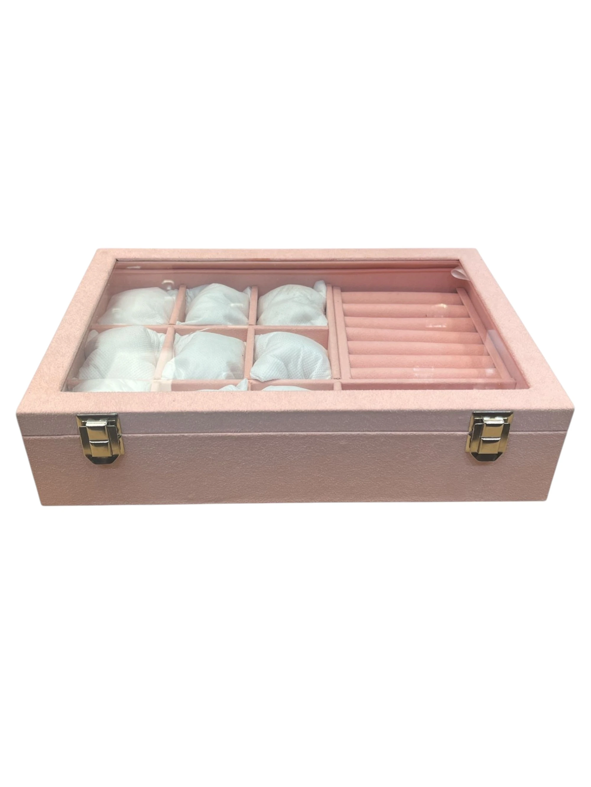 Cam Kapaklı 9+ Takı Bölmeli Gözlük Kutusu – El Yapımı, Suni Deri, Alcantara Pembe