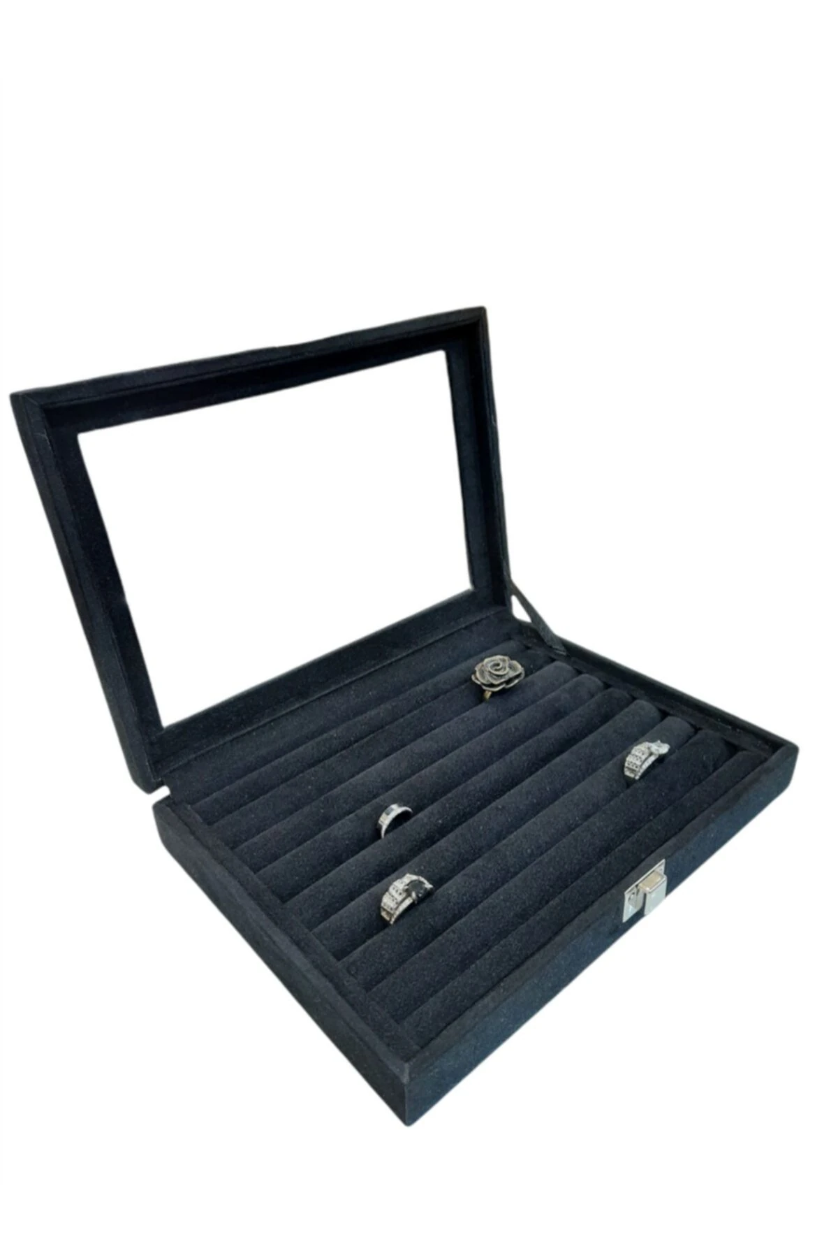 Yüzük Kutusu Sosis Model Camlı Alcantara Siyah 17*24