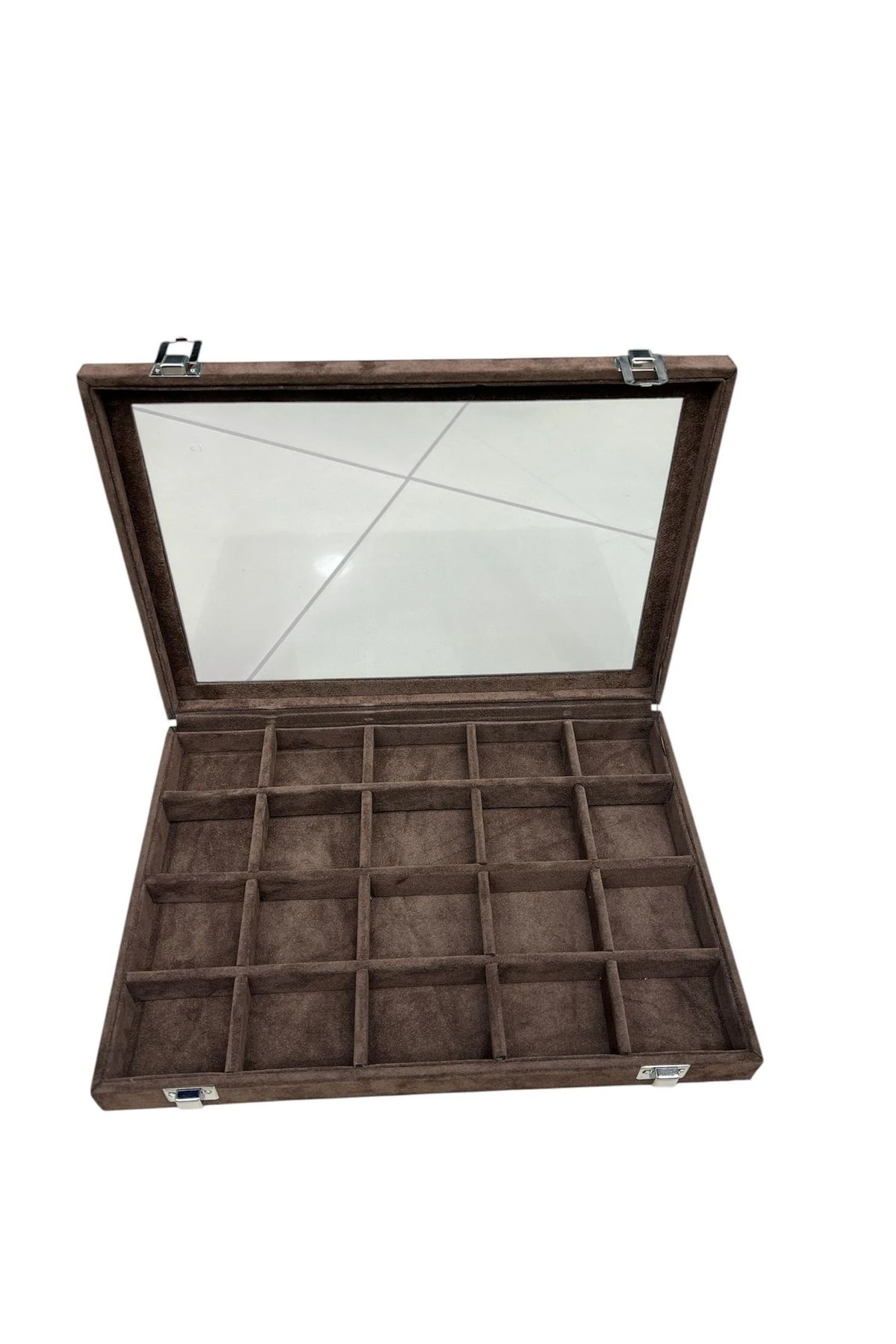 20 Bölmeli Takı Kutusu Alcantra Kahve
