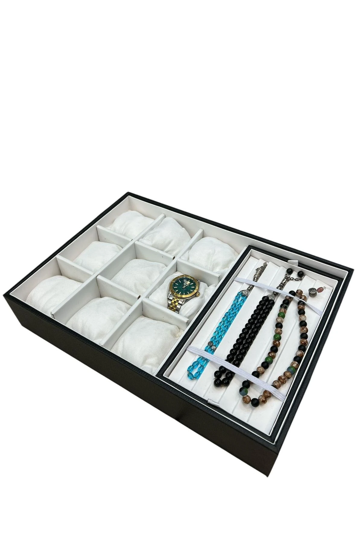 Saat Ve Tesbih Kutusu 9+ Tesbih Bölmeli Siyah Içi Beyaz Tabla