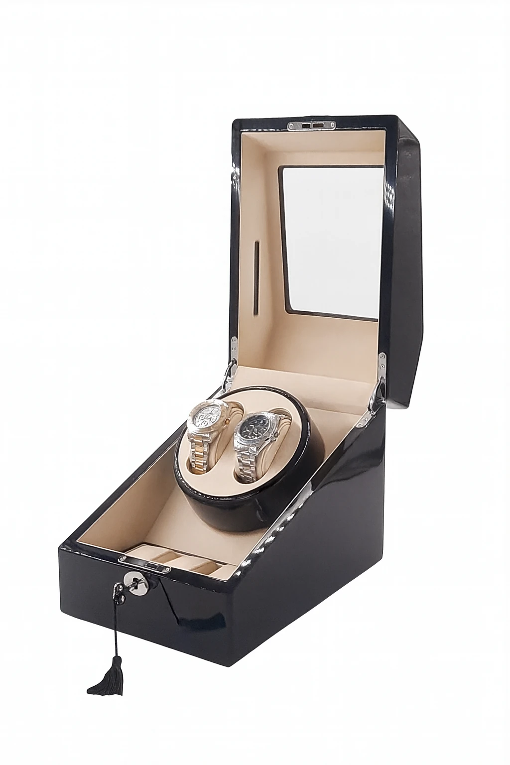 Otomatik Saat Kurma Kutusu, 2+3, Piano Black, Krem İç, LED Aydınlatmalı
