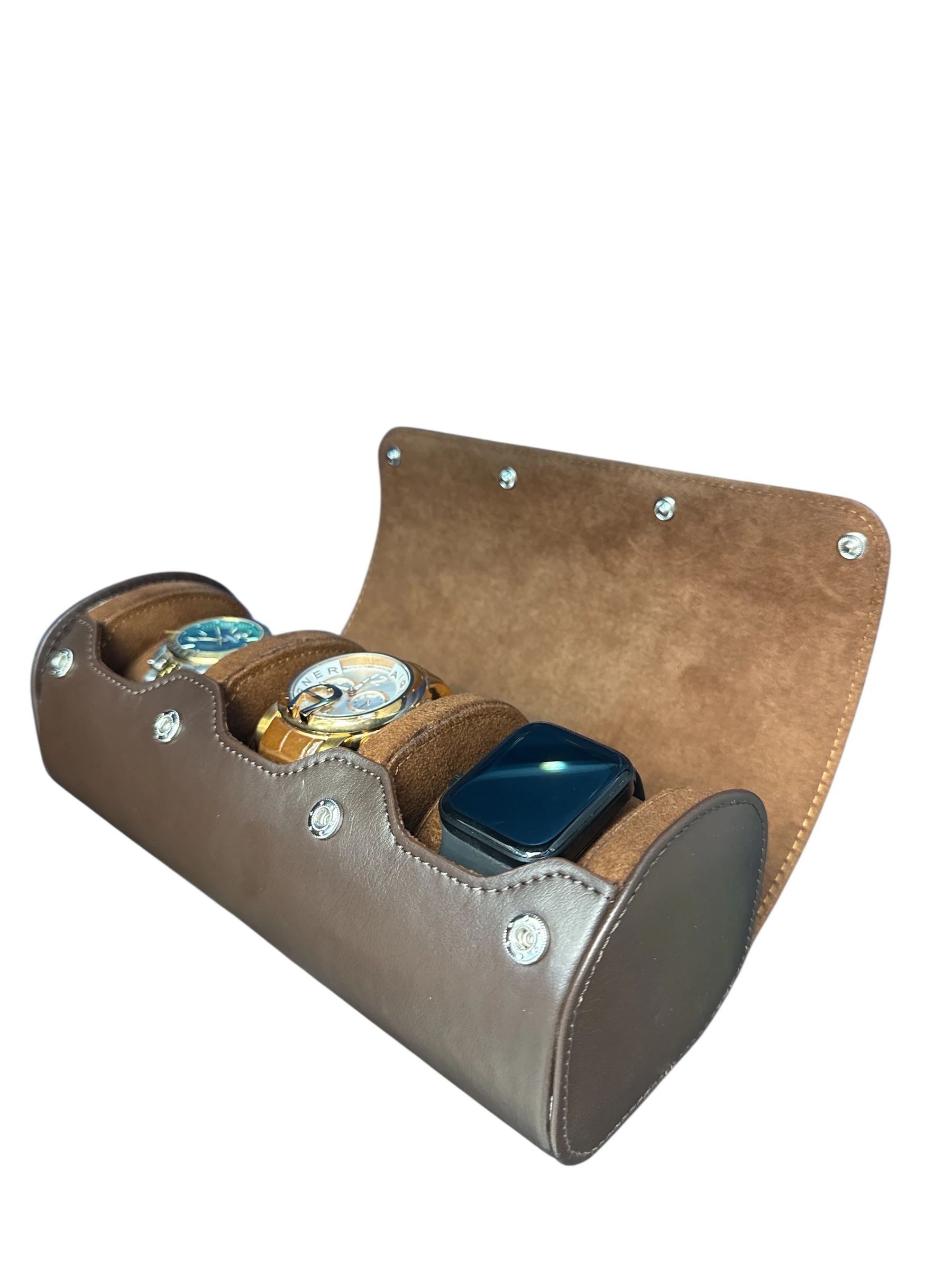 3’lü Çıtçıtlı Saat ve Takı Kutusu – Pull Up Suni Deri, El Yapımı Özel Yastıklı Tasarım Kahve Rengi