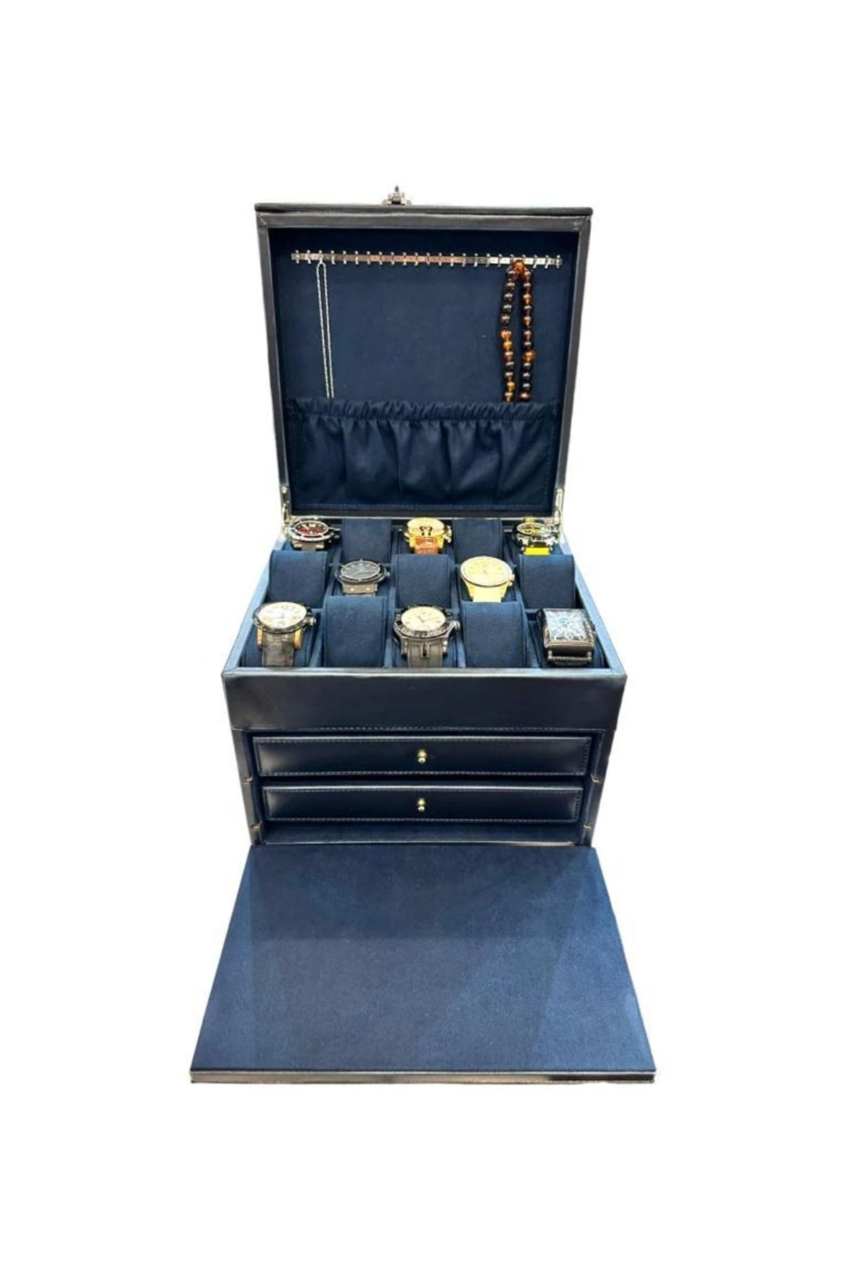Diplomat Model Çekmeceli Camsız 15'li Saat Ve Yüzük Tesbih Kutusu Lacivert