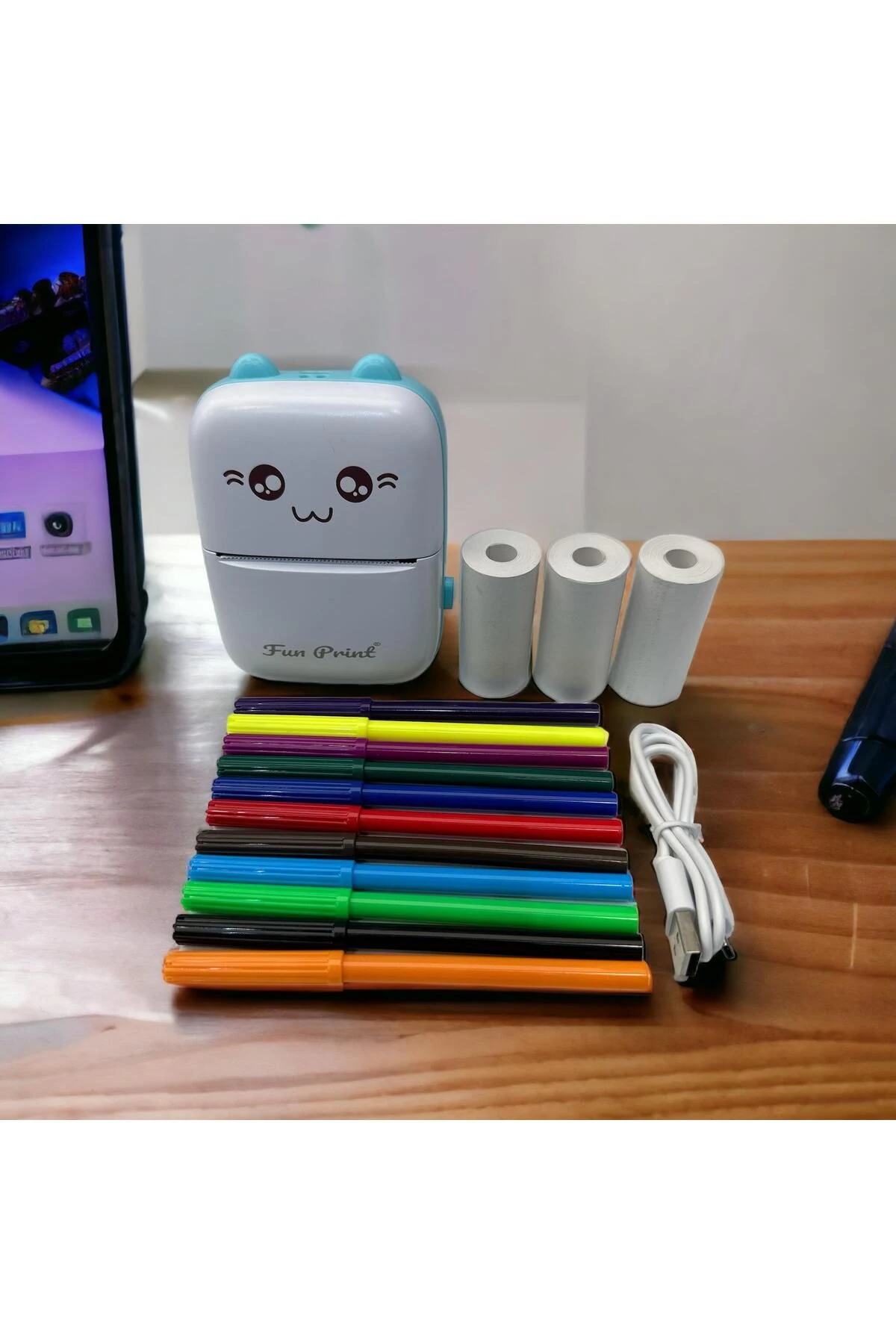 Taşınabilir Yazıcı Mini Mavi, Yedek 3 Adet Beyaz Yapışkanlı Rulo Etiket Ve 6 Lı Renkli Kalem Seti