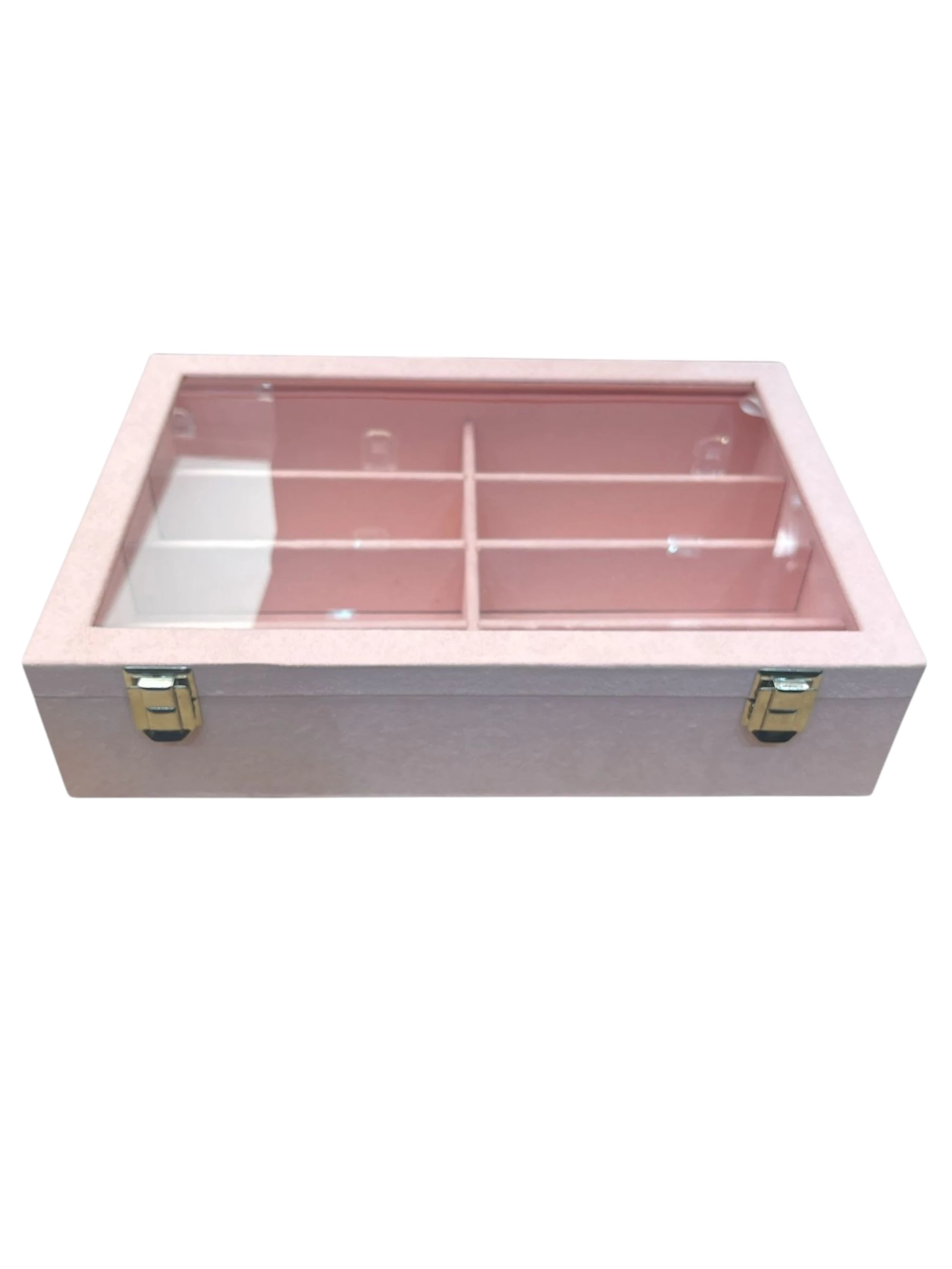 Cam Kapaklı Çok Bölmeli Gözlük Kutusu – Suni Deri, El Yapımı, Alcantara Pembe