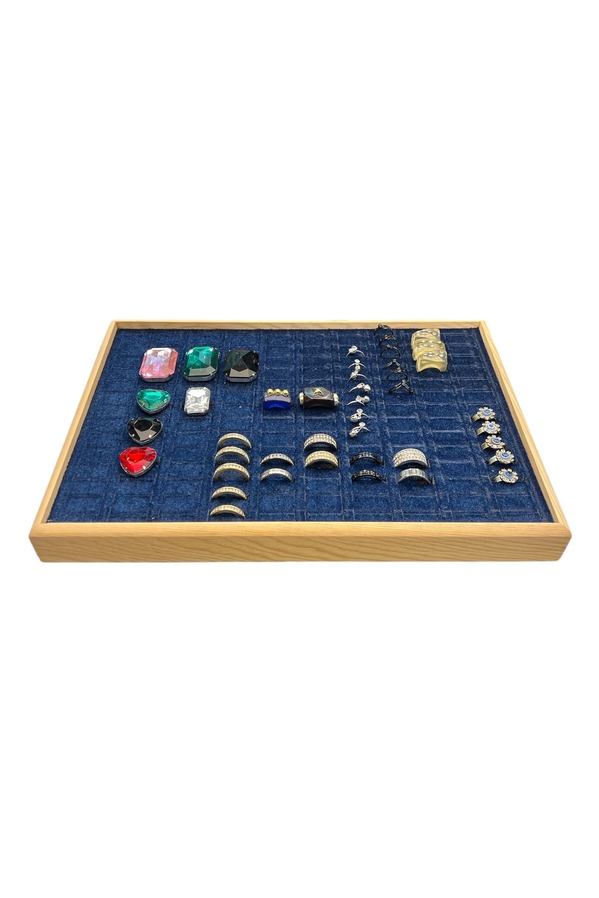 El Yapımı Ahşap Çerçeveli Alcantara Kaplama Yüzük Takı Teşhir Tablasi (34,5x24,5x3,5cm) Ahş Lacivert