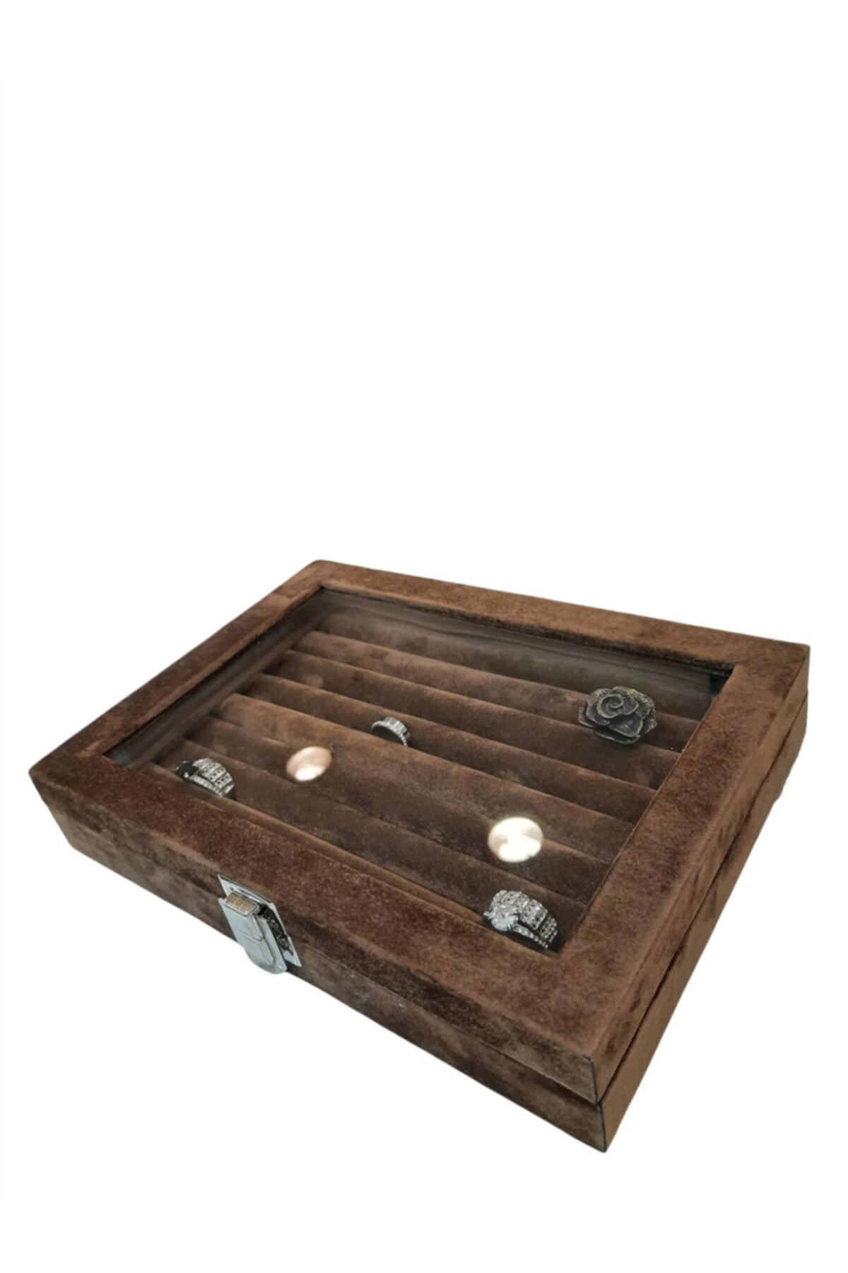 Yüzük Kutusu Sosis Model Camlı Alcantara Kahve 17*24