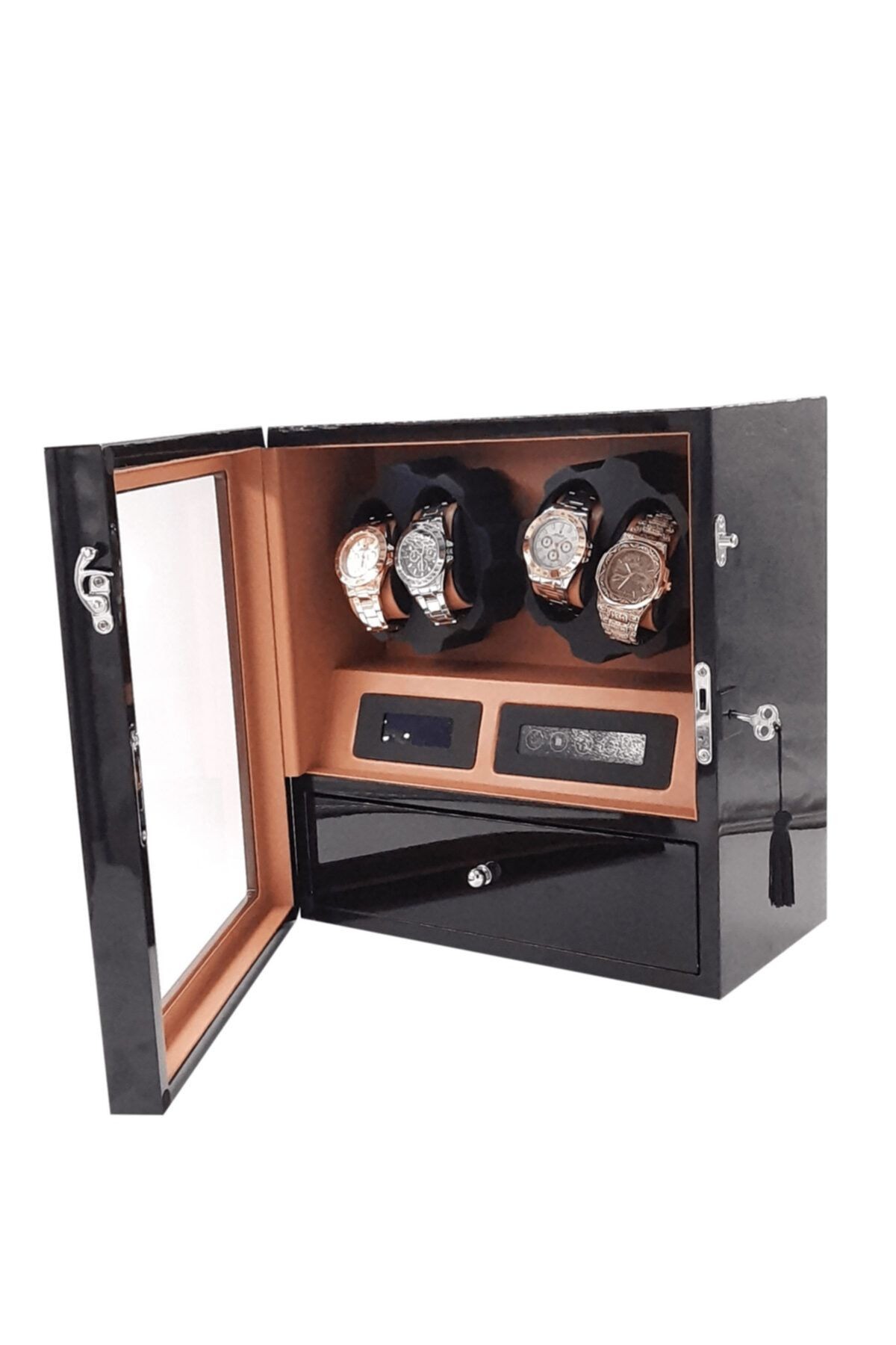 Otomatik Saat Kurma Kutusu 4 5 Siyah Içi Taba Dijital Ekranlı Ve Led Işık Sistemli, Watch Winder