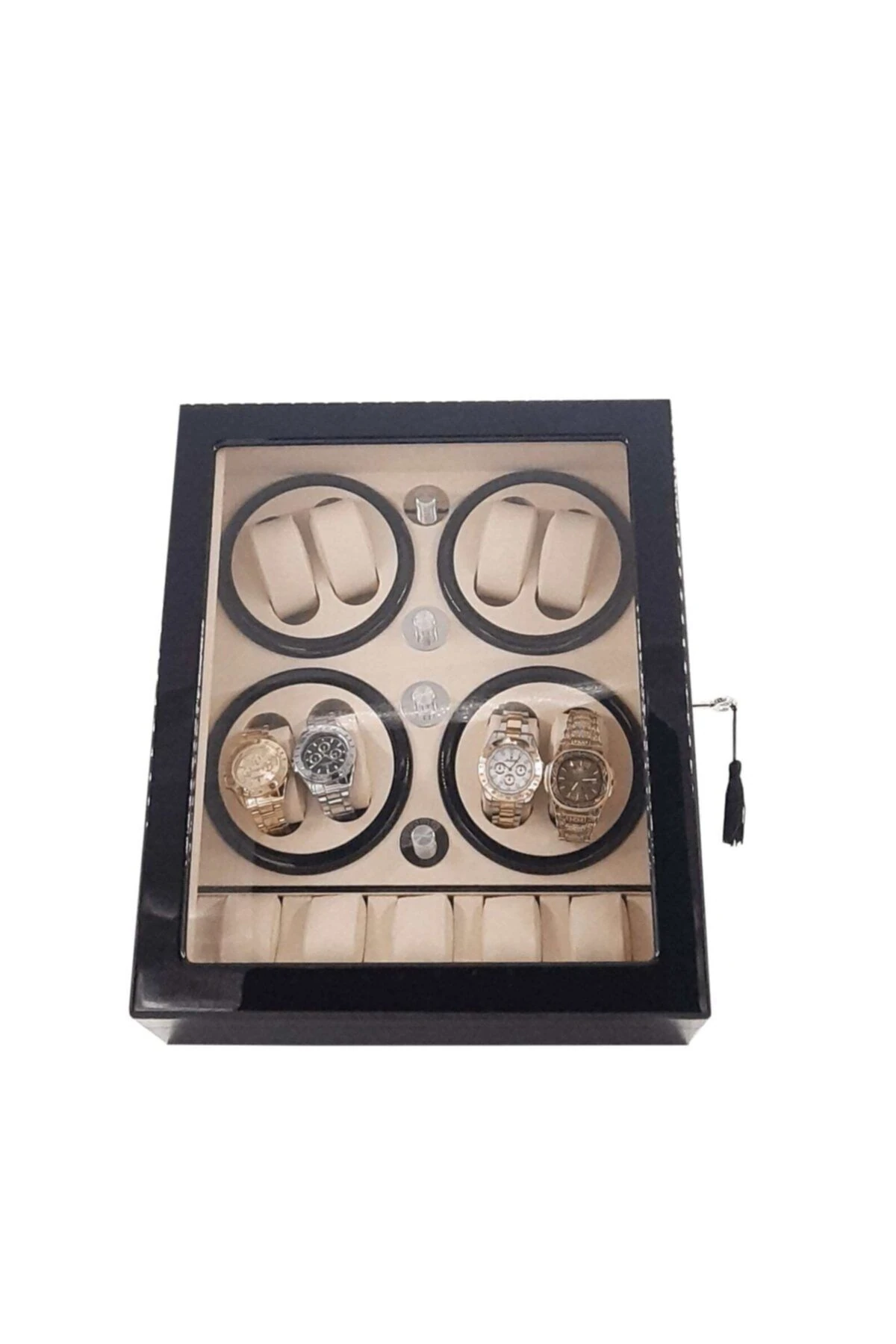 Otomatik Saat Kurma Kutusu, 8+5 Piano Black, içi Krem Led Aydınlatmalı