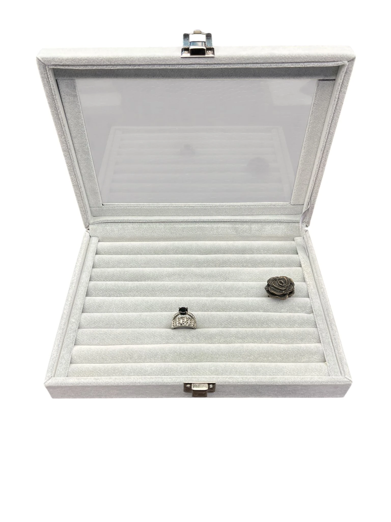 Cam Kapaklı Çok Bölmeli Yüzük Organizer Kutusu- Alcantara Gri