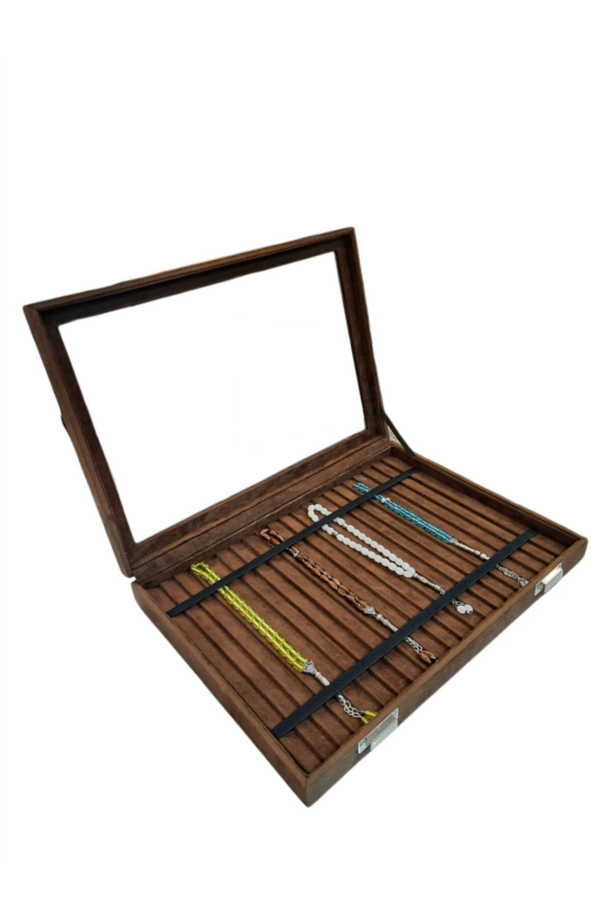 Tesbih Kutusu Lastikli Camlı Kahve Alcantara