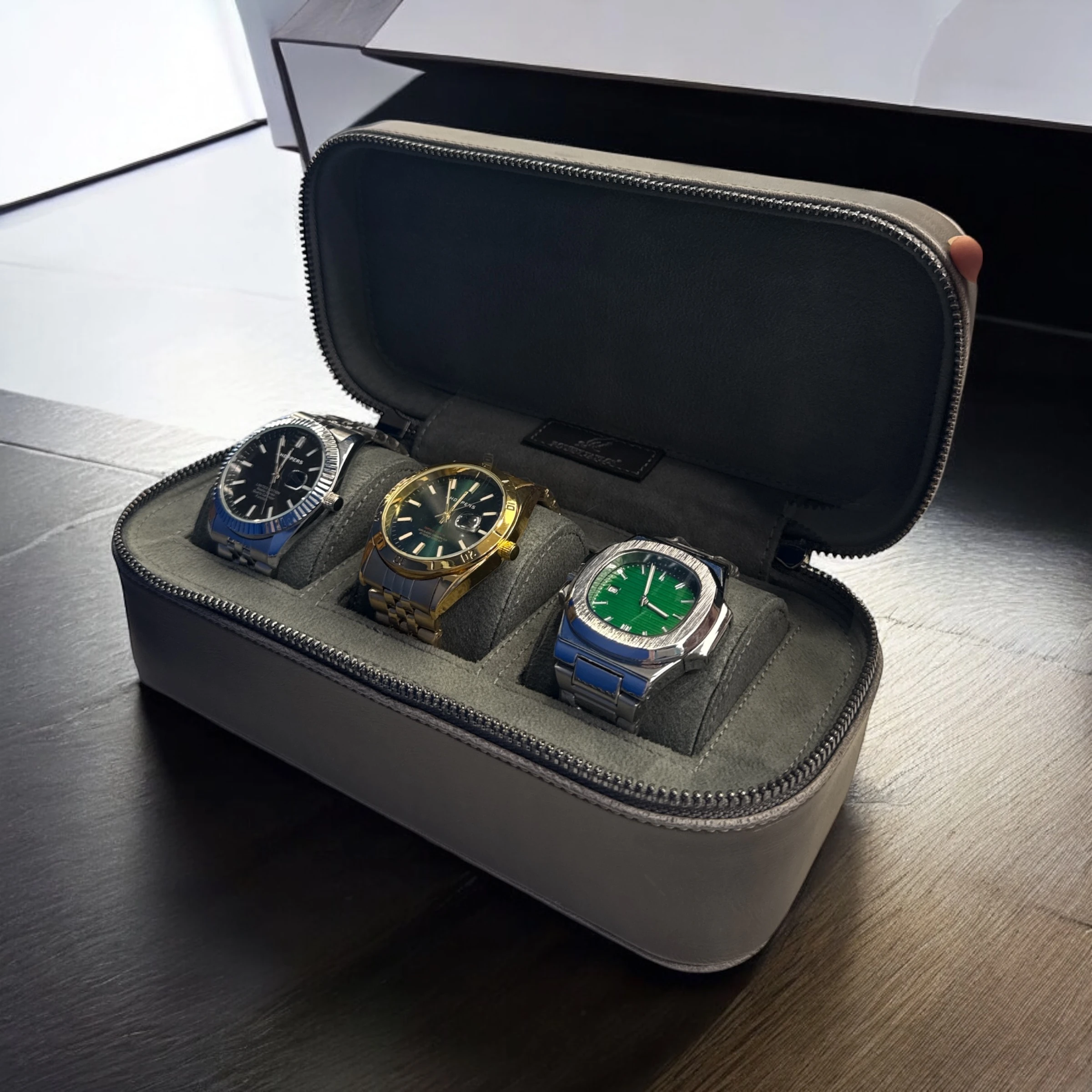 Saat Çantası 3’lü Fermuarlı Saat ve Takı Kutusu – Pull Up, Metal Fermuarlı, El Yapımı Seyahat Kutusu Gri