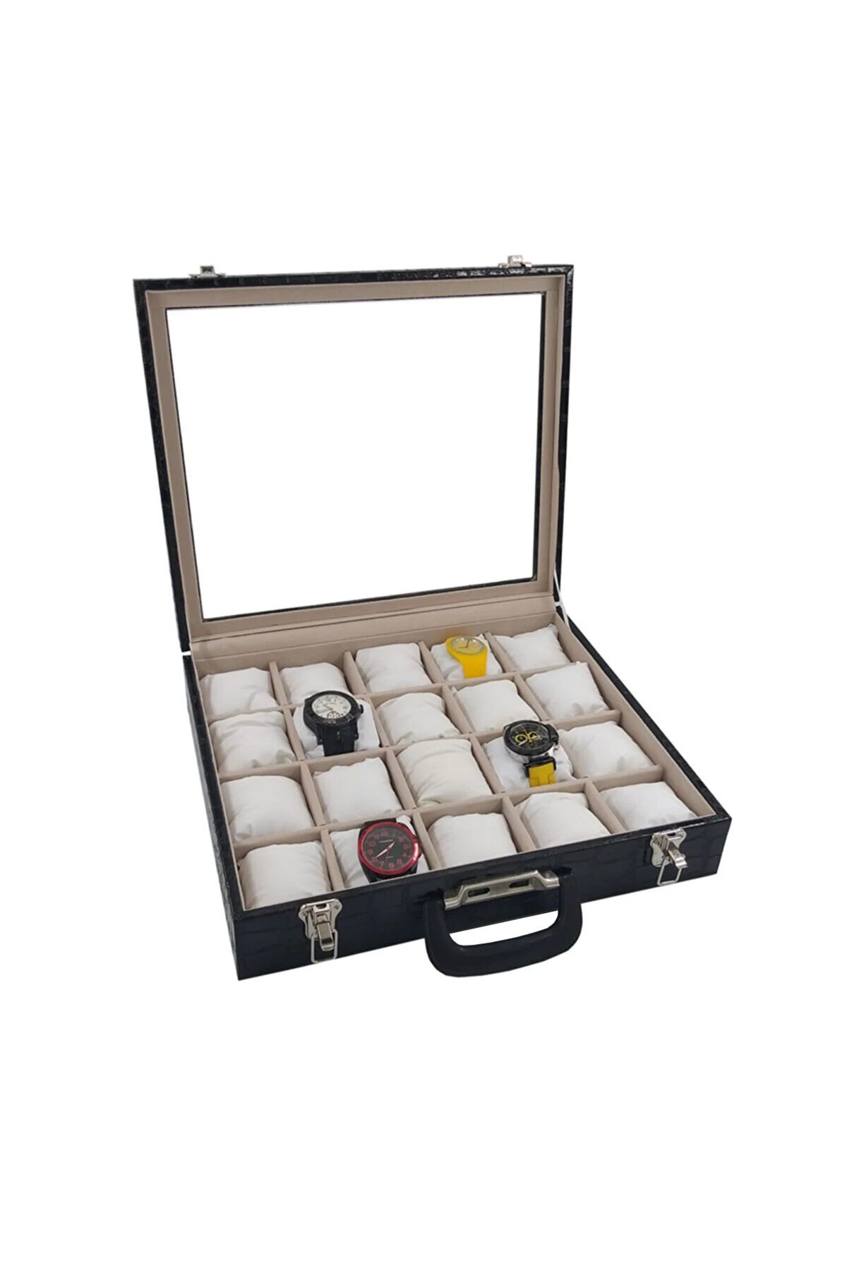 Saat Çantası 30'lu Camlı Siyah Rugan Içi Beyaz