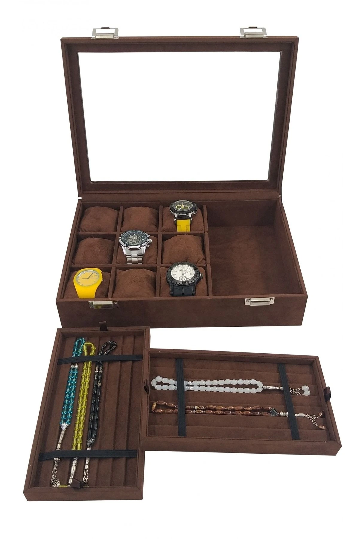 Saat Ve Tesbih Kutusu 9+ Tesbih Bölmeli Alcantara Kahve